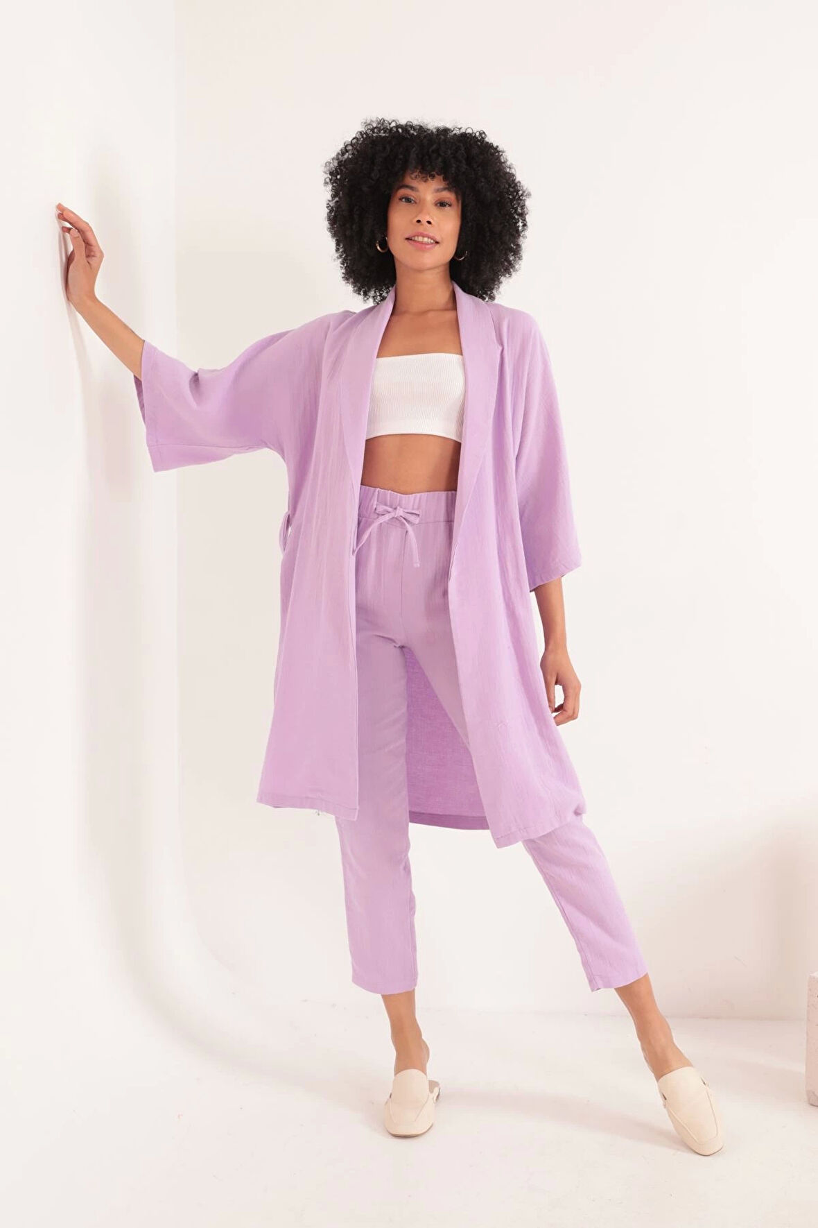 Müslin Kumaş Oversize Kadın Kimono-Lila