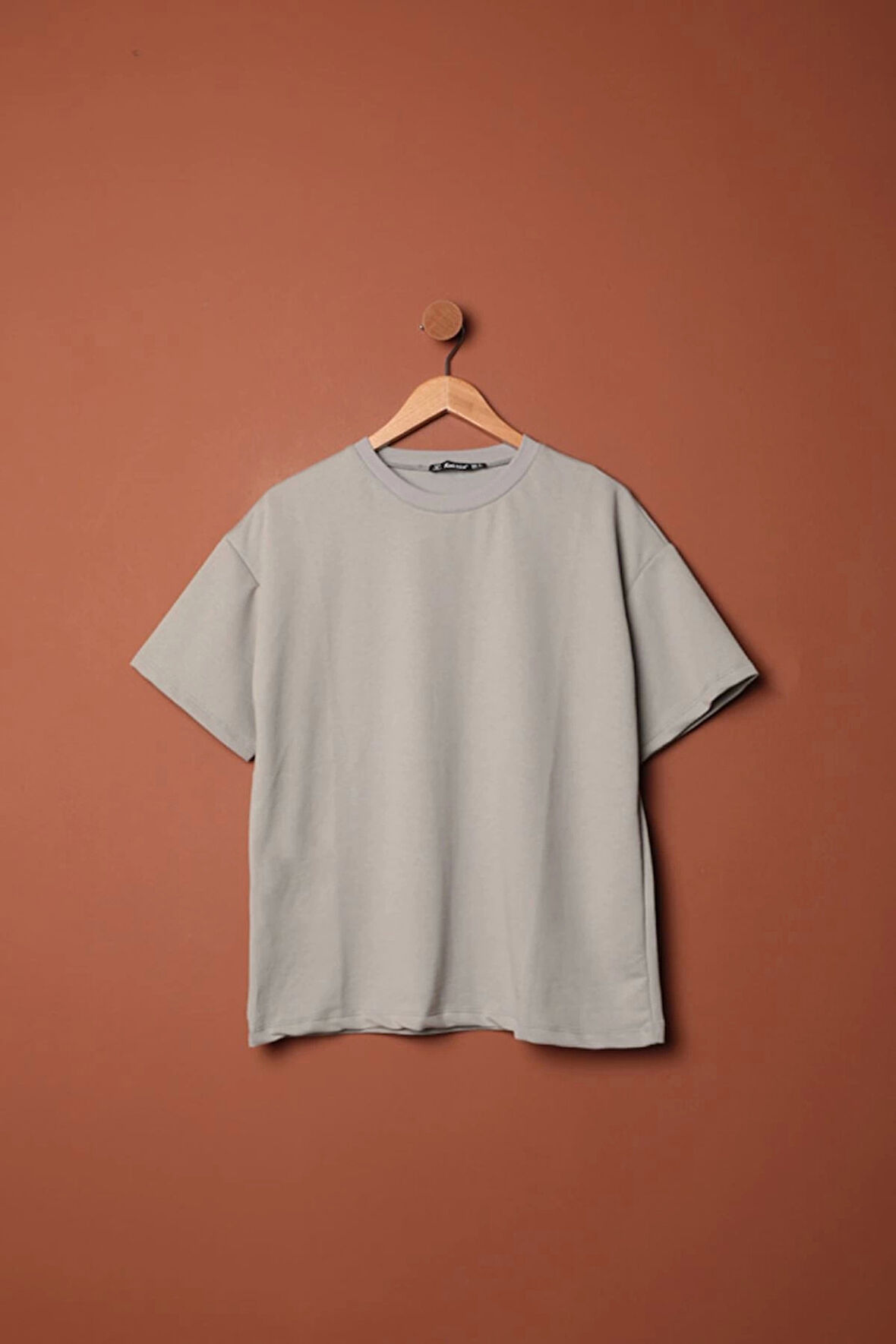 Sıfır Yaka Oversize İki İplik Tişört-Gri