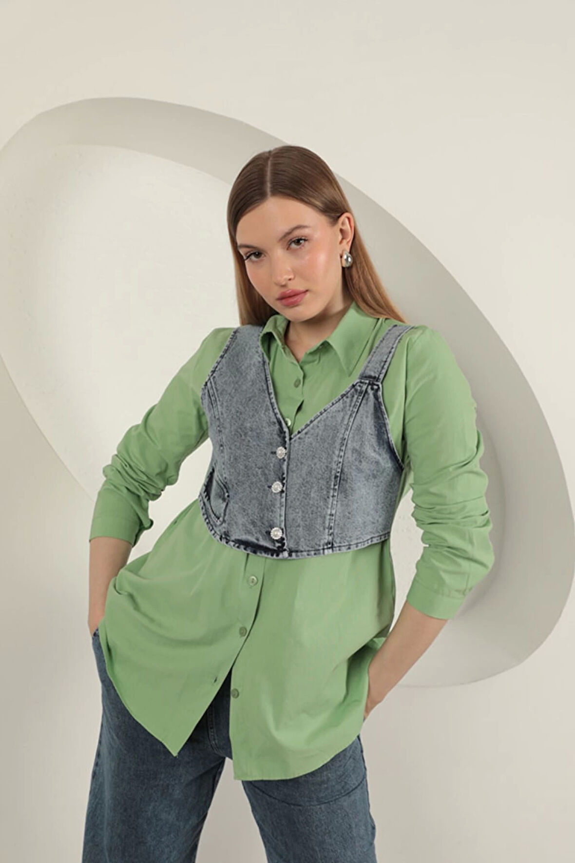 Poplin Kumaş Yelek Detaylı Fıstık Yeşili Kadın Gömlek