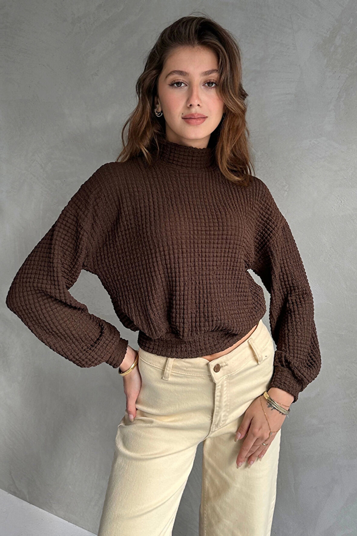 Balıkçı Yaka Dokulu Crop Bluz