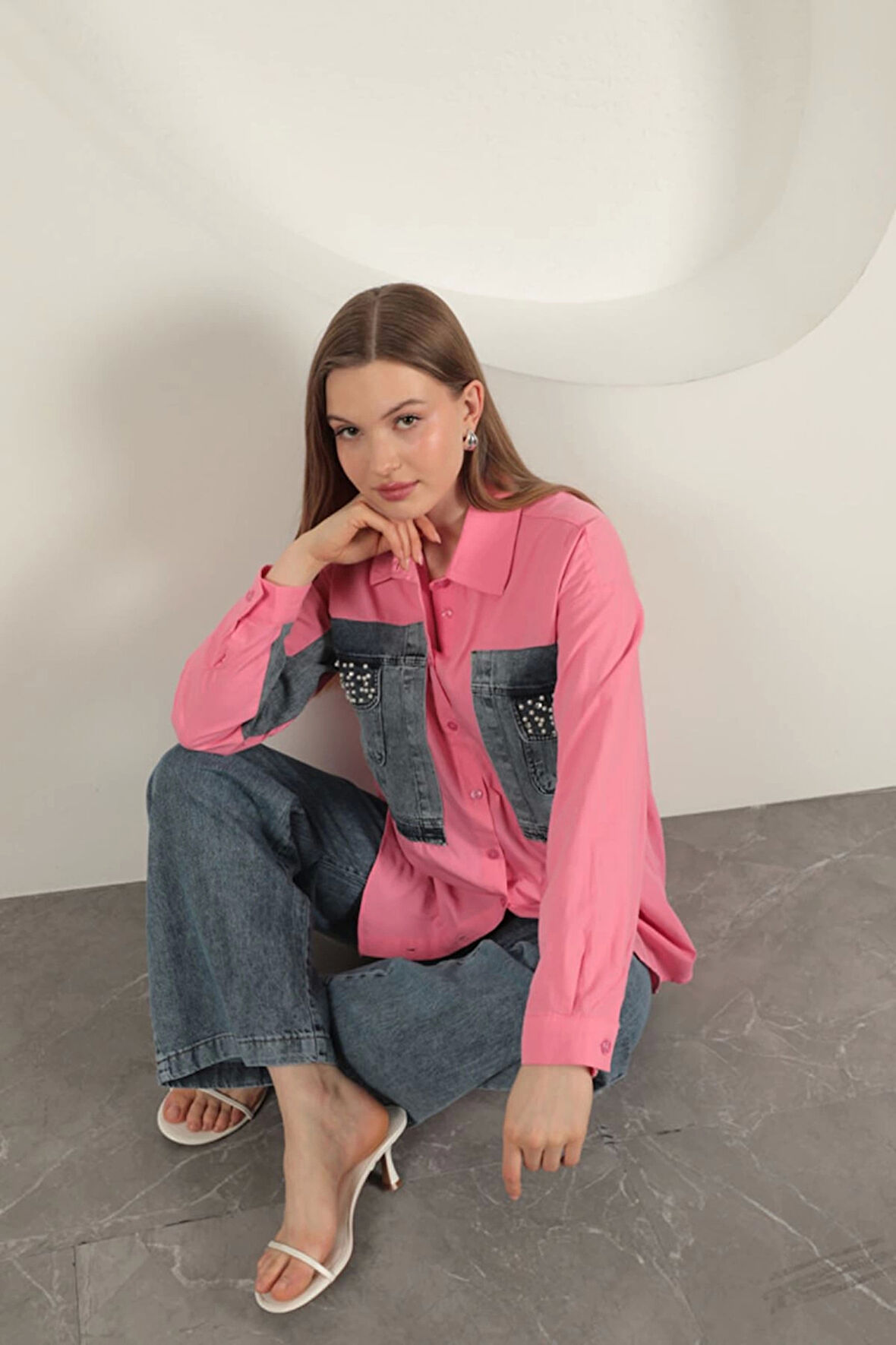 Poplin Kumaş Kot Garnili Pembe Kadın Gömlek