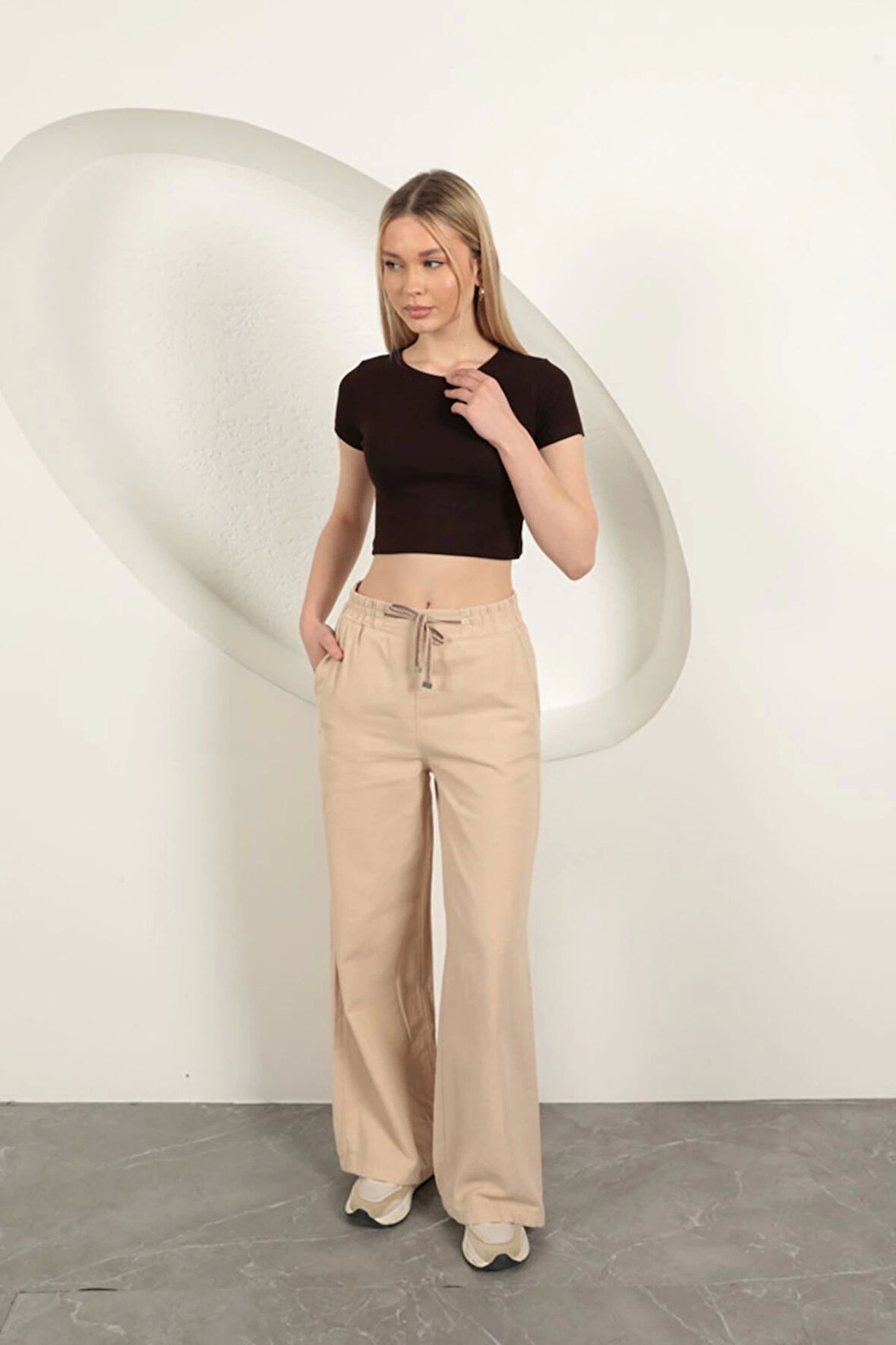 Çilek Viskon Kumaş Basic Crop-Kahve