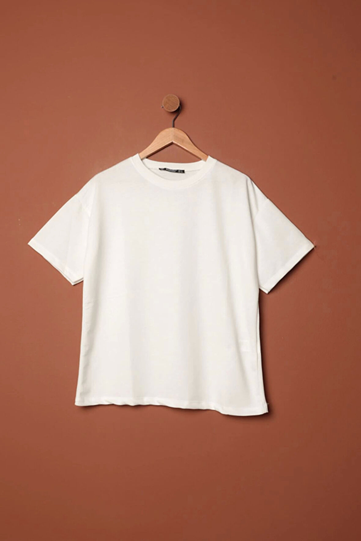 Sıfır Yaka Oversize İki İplik Tişört-Ekru