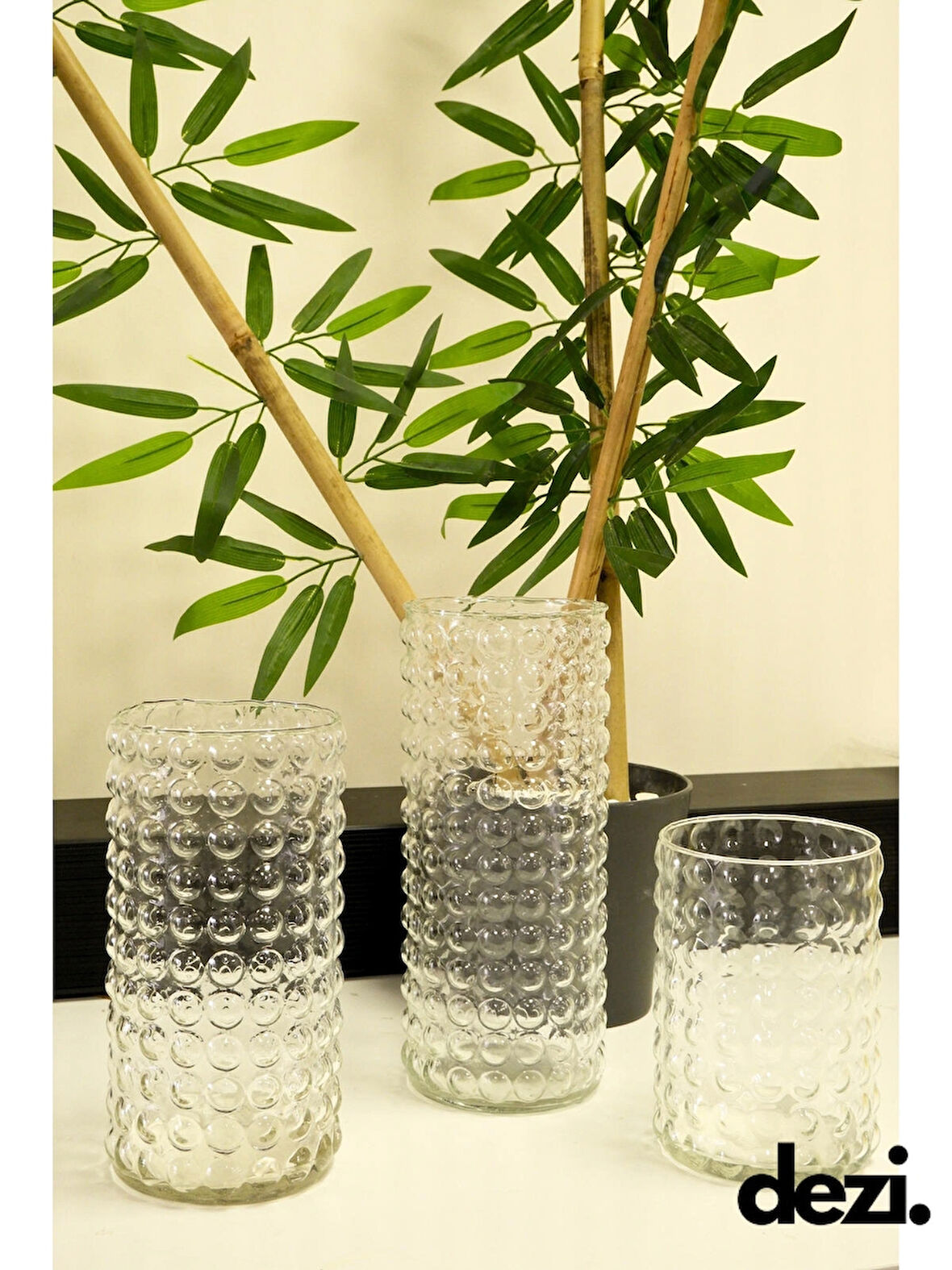 3'Lü Boncuk Silindir Cam Vazo, Mumluk Dekoratif Set, Ev Nişan Dekorasyonu (15-20-25cm) Çap 10 Cm