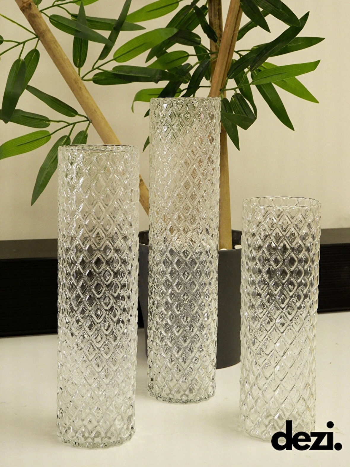 3'Lü Elmas Silindir Cam Vazo, Mumluk Dekoratif Set, Ev Nişan Dekorasyonu (20-25-30cm) Çap 7 Cm