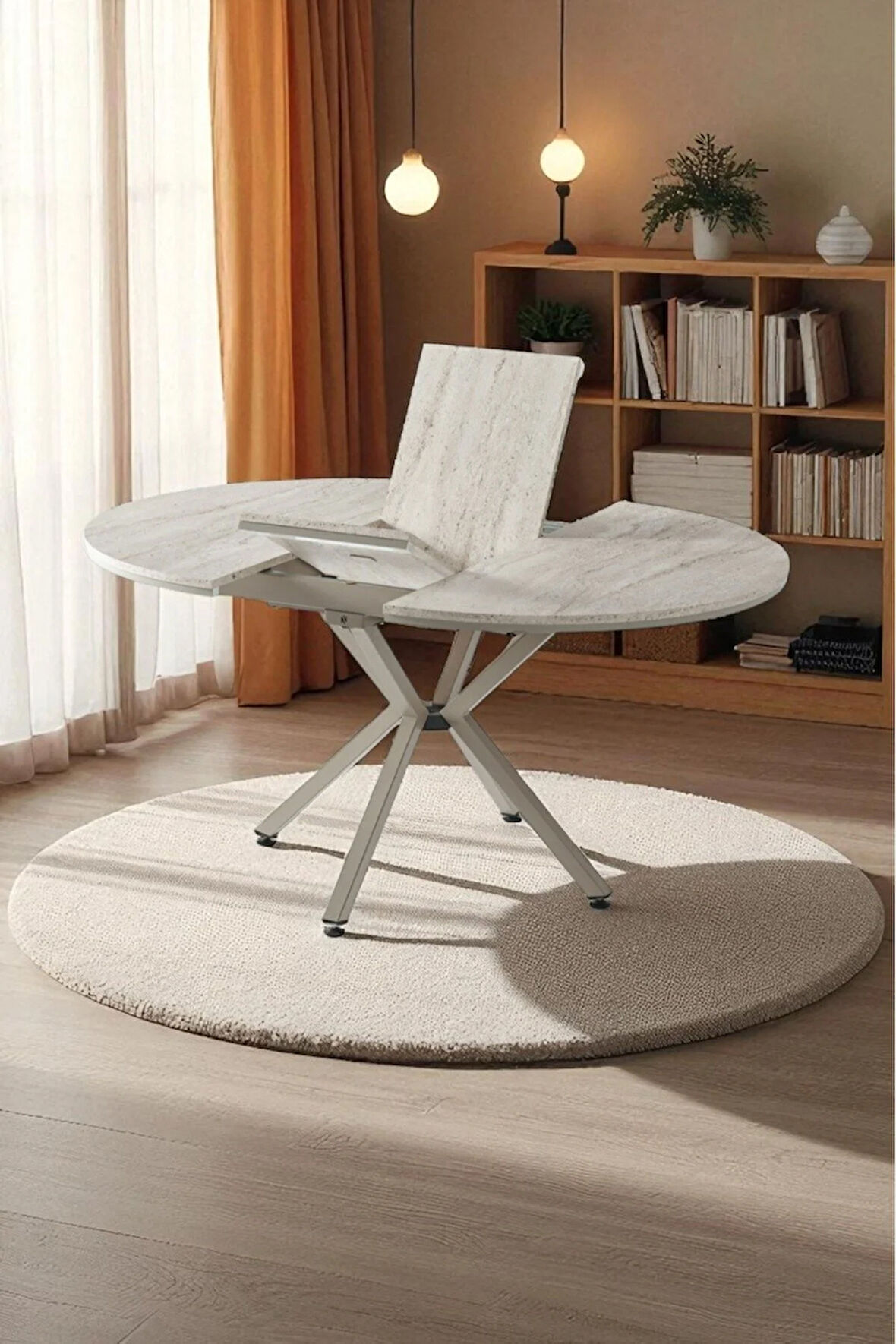 Zenit Plus Açılır Yuvarlak Masa (Sandalyesiz) – Traverten Desen, Kapuçino Ayak, Ø100→134 cm