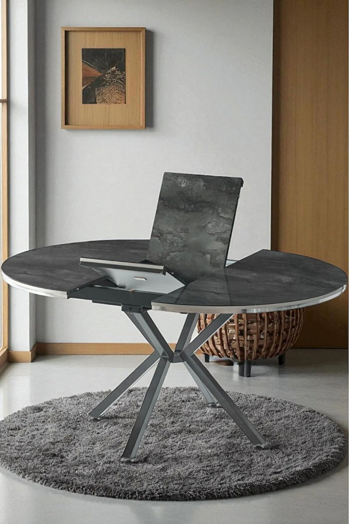 Zenit Plus Açılır Yuvarlak Masa (Sandalyesiz) – Siyah Mermer, Siyah Ayak, Ø120→160 cm