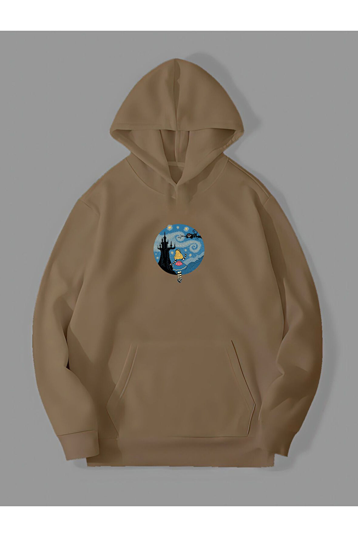 Üç İplik Yıldızlı Gece Dalga Baskılı Unisex Kemik Kanguru Cepli Kapüşonlu Sweatshirt Hoodie | S