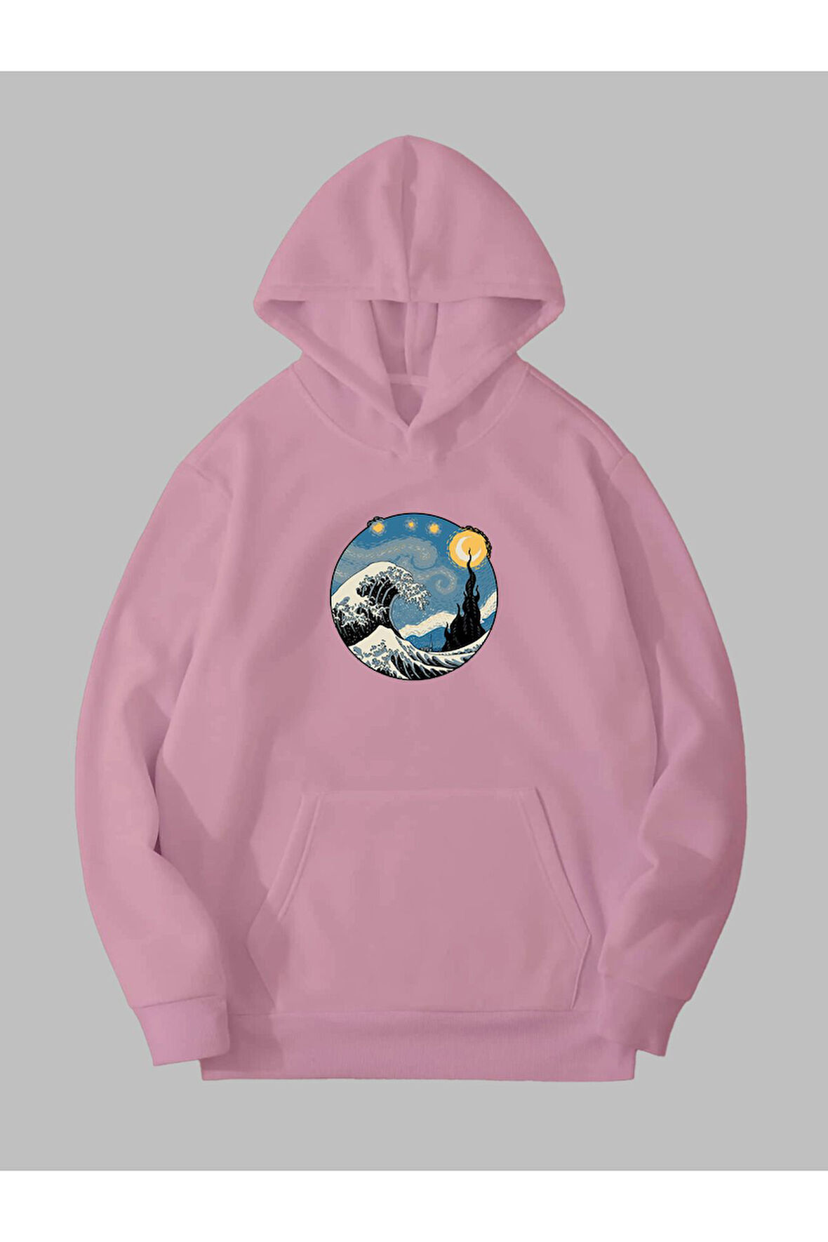 Üç İplik Yıldızlı Gece Dalga Baskılı Unisex Pembe Kanguru Cepli Kapüşonlu Sweatshirt Hoodie | S