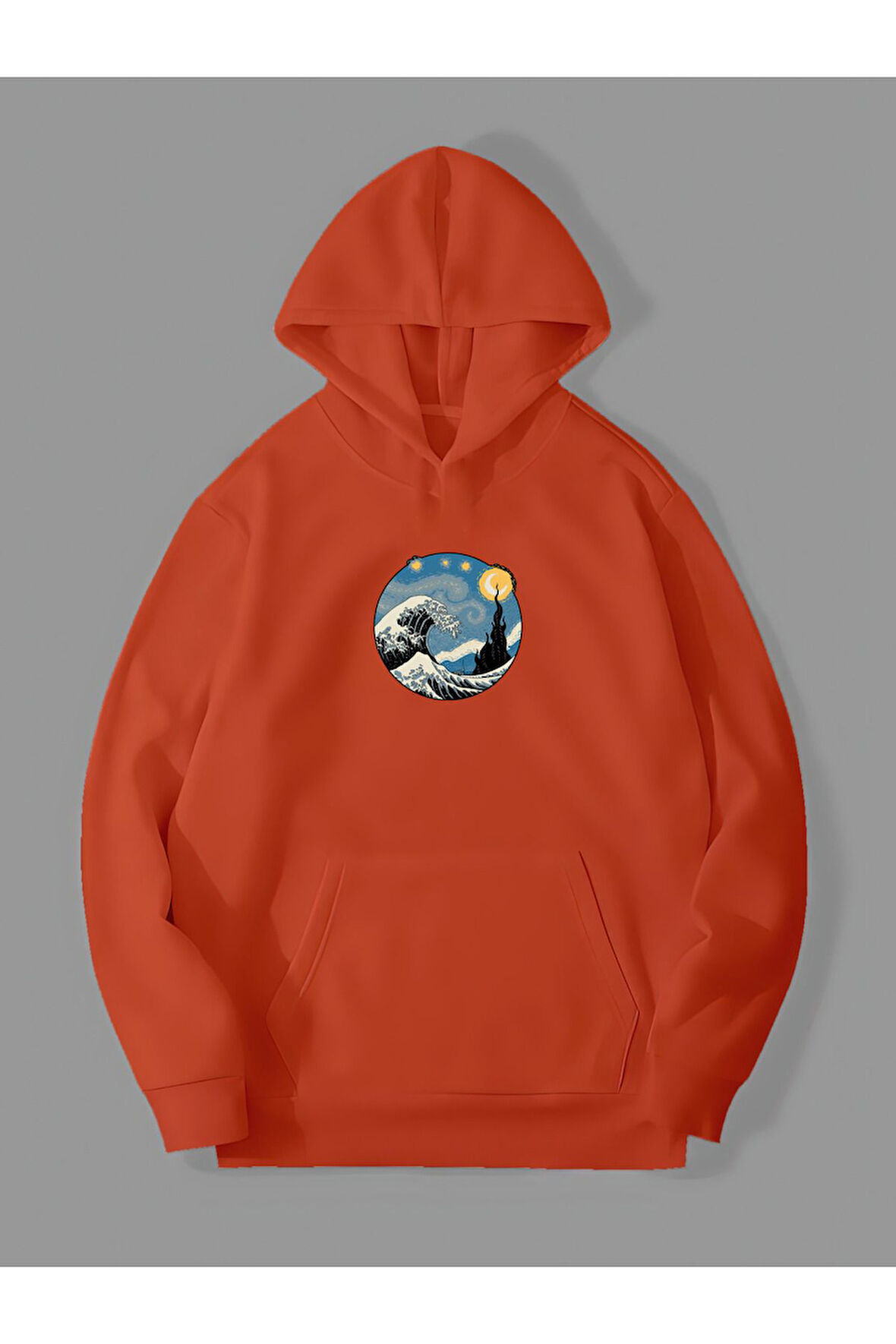 3 İplik Yıldızlı Gece Dalga Baskılı Turuncu Kanguru Cepli Kapüşonlu Sweatshirt Hoodie | L