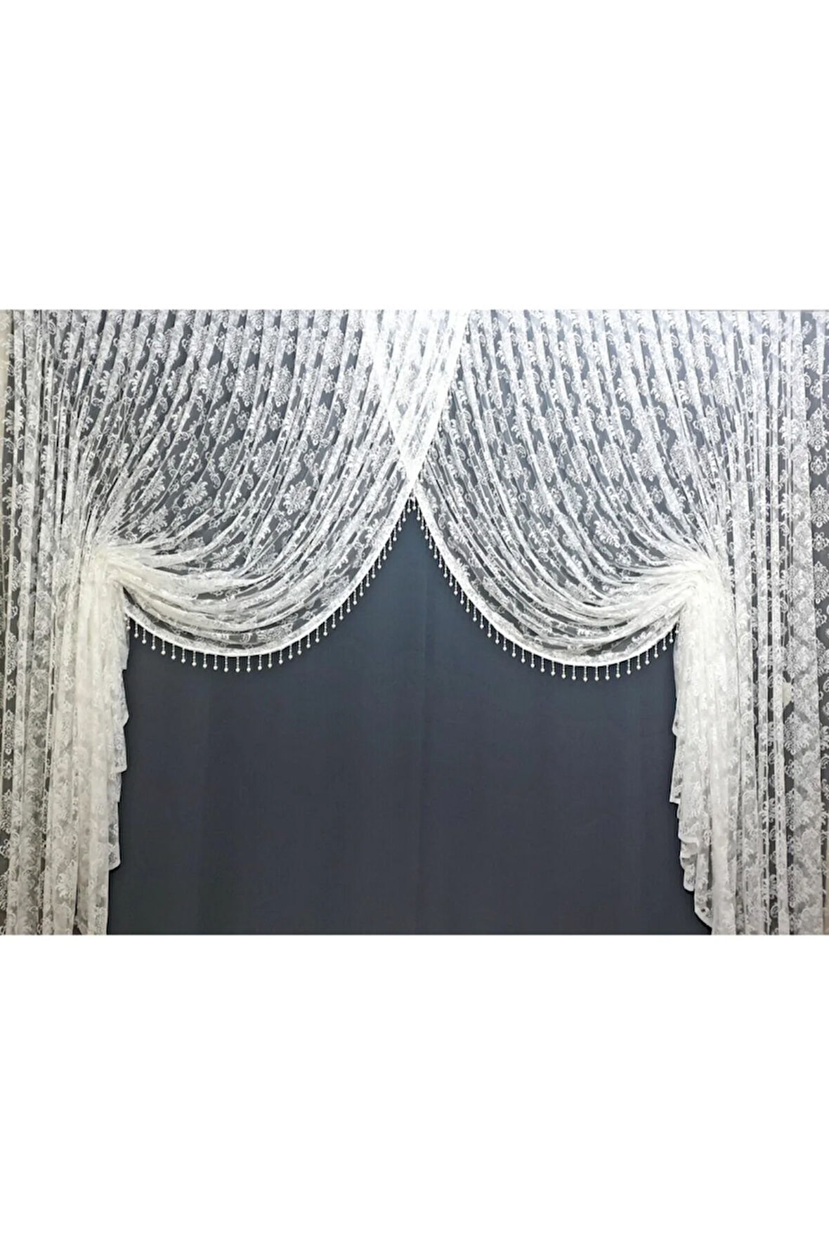 Kruvaze Yanki Model Damask Tül İnci Boncuklu Mekanizmalı  Tül Perde