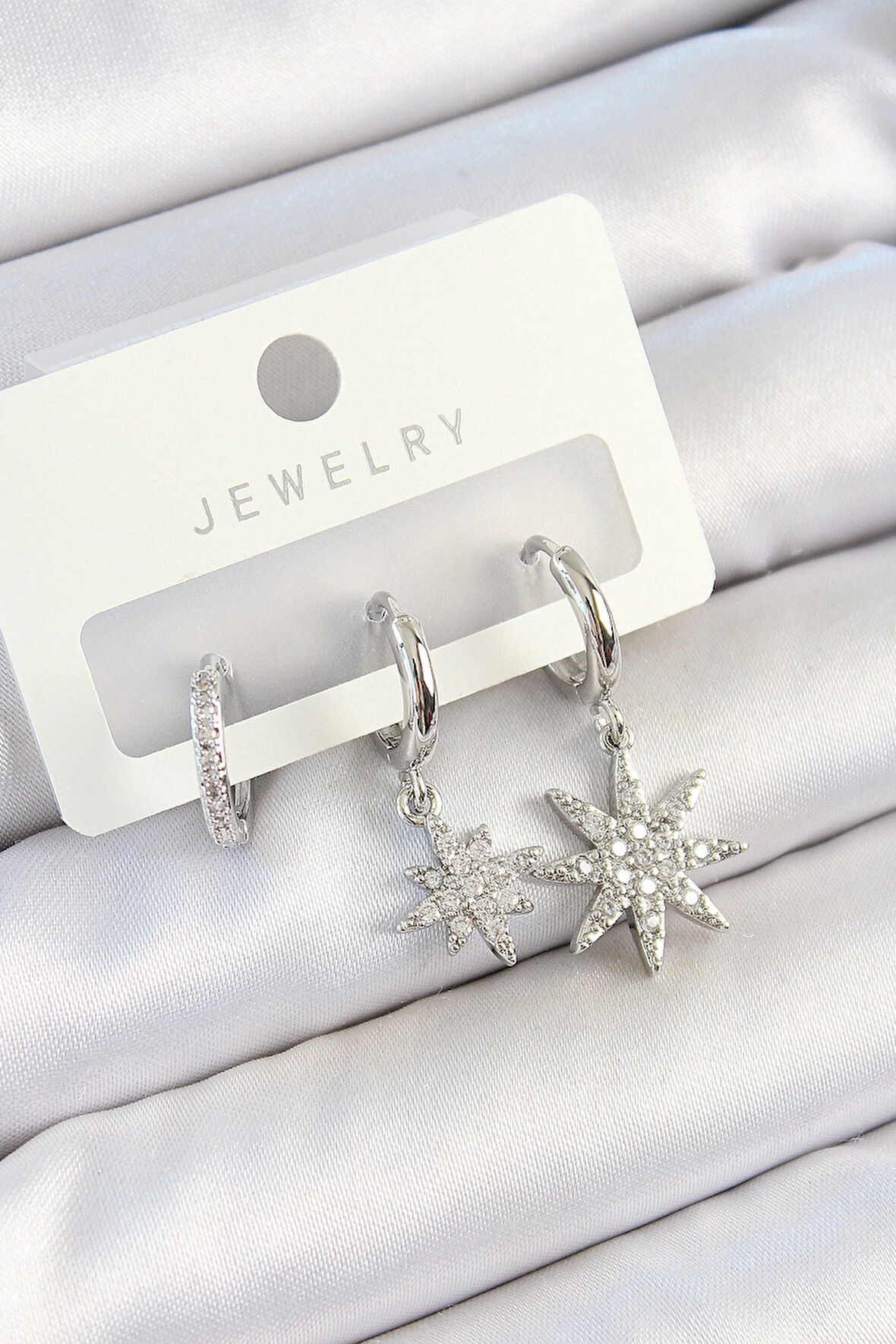 Dodes Pirinç Zirkon Taşlı Kutup Yıldızı Model Gümüş Renk 3'lü Çift Kadın Küpe Set TG27BKP10807