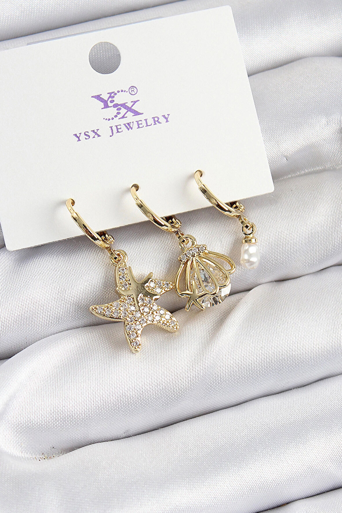 Dodes Pirinç Zİrkon Taşlı Deniz Yıldızı Ve İstiridye Model Gold Renk 3'lü Kadın Küpe TG27BKP10944