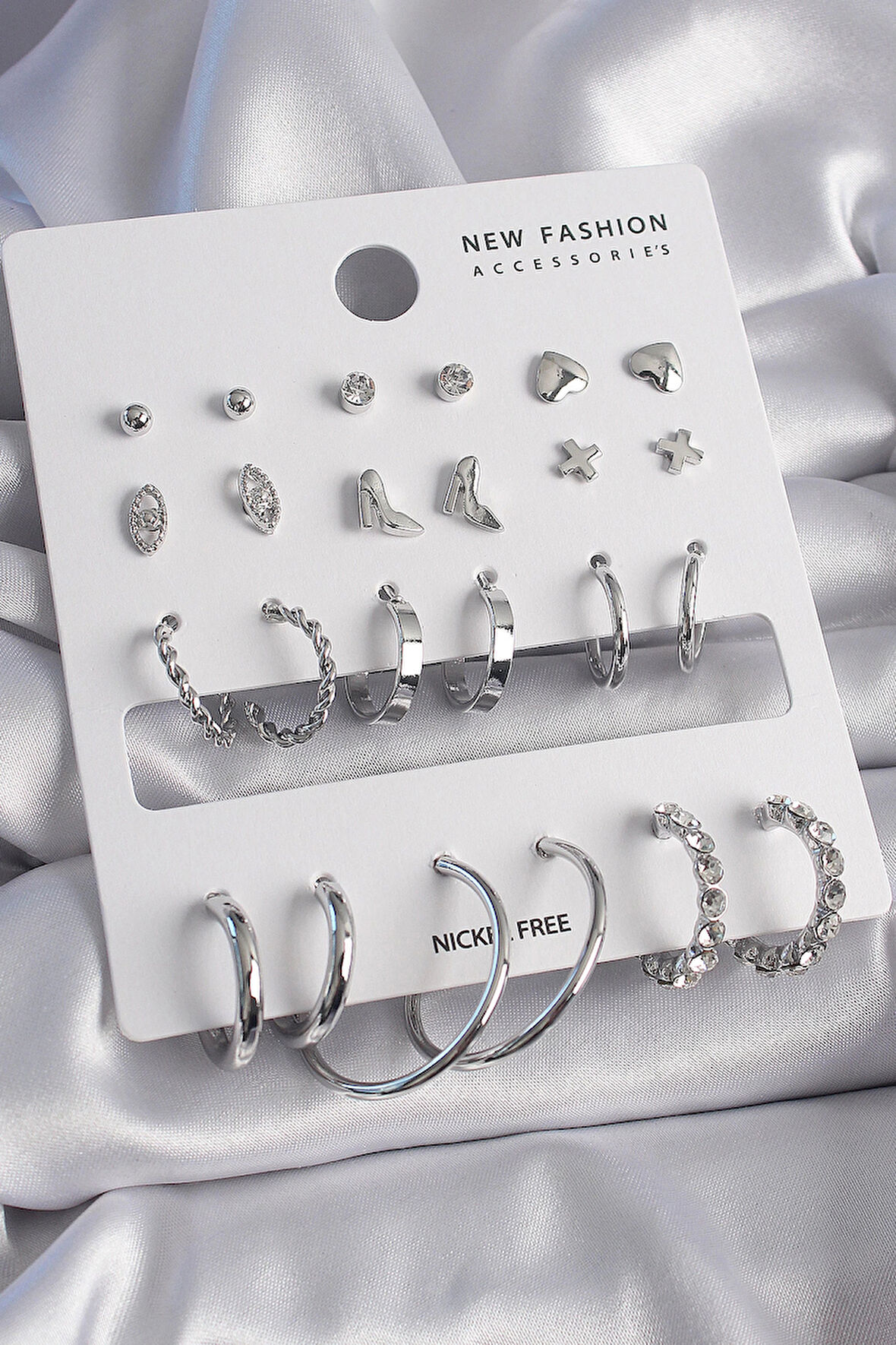 Dodes Pirinç Gümüş Renk 12 Çift Kadın Küpe Seti TG27BKP9683