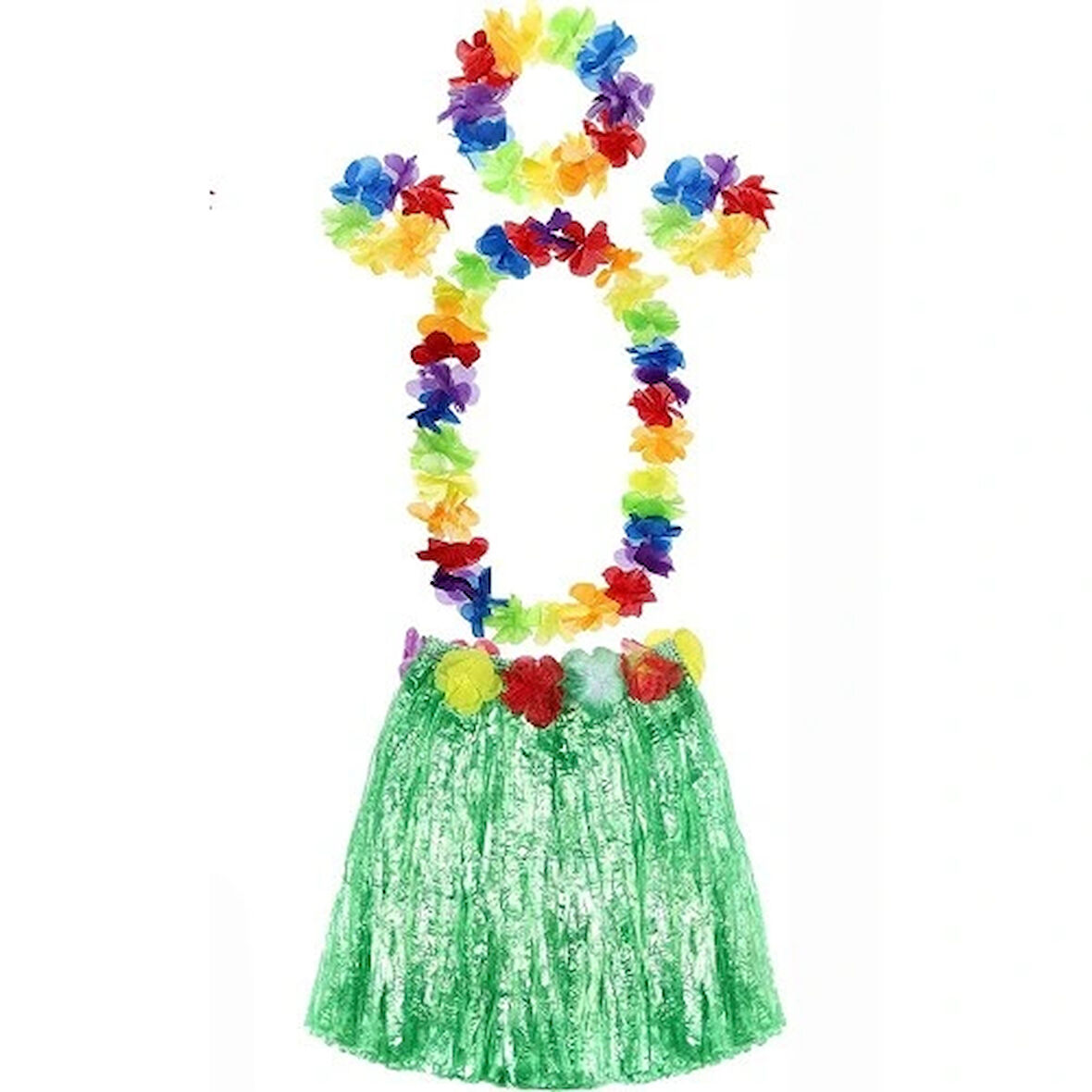 Dodes Yetişkin ve Çocuk Uyumlu Luau Aloha Hawaii Yeşil Etek ve Renkli Kolye Taç 2 Adet Bileklik Seti