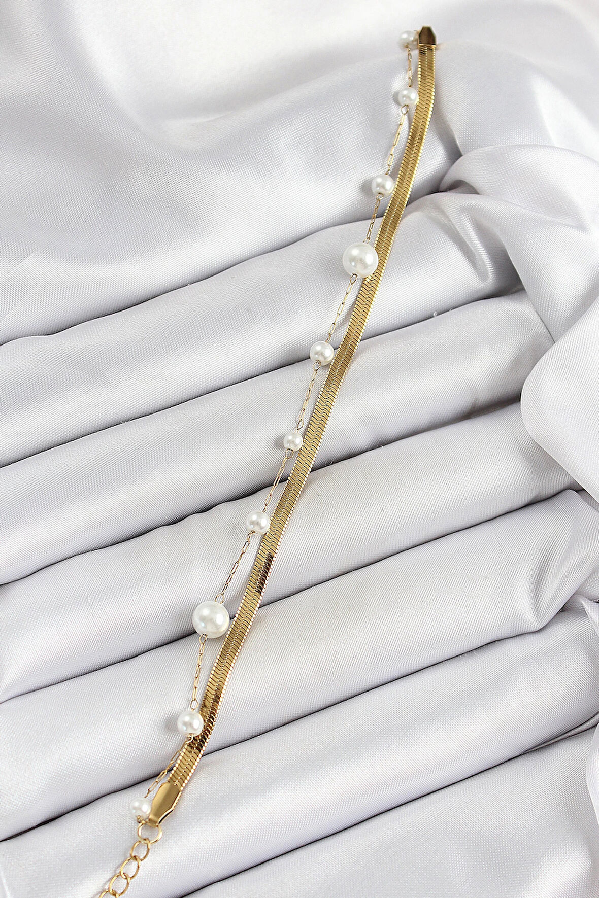 Dodes 316L Çelik Gold Renk İncili ve İtalyan Zincirli Kadın Bileklik TG27BB7094