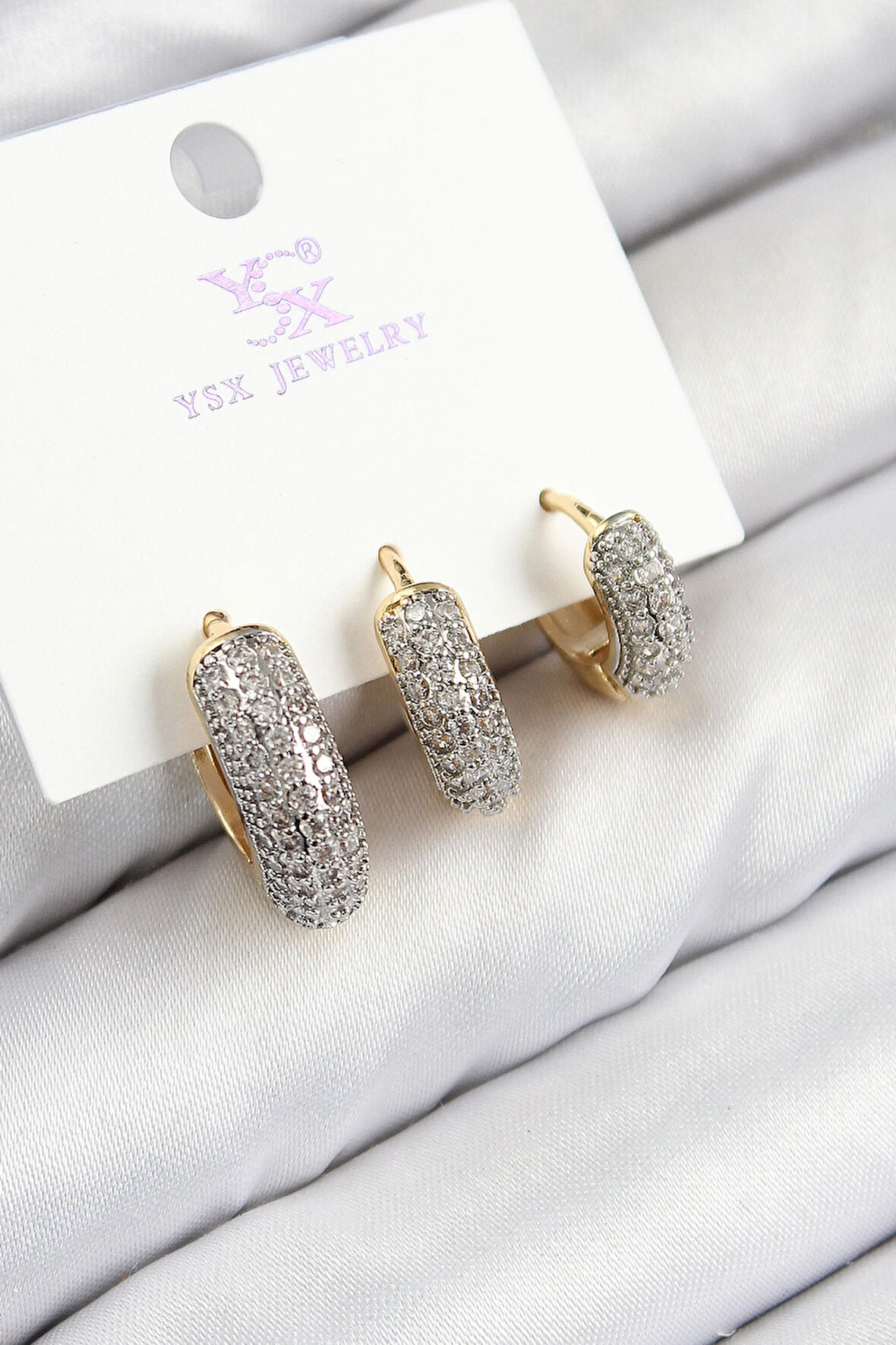 Dodes Pirinç Zirkon Taşlı 3'lü Halka Model Gold Ve Gümüş Renk Kadın Küpe TG27BKP11148