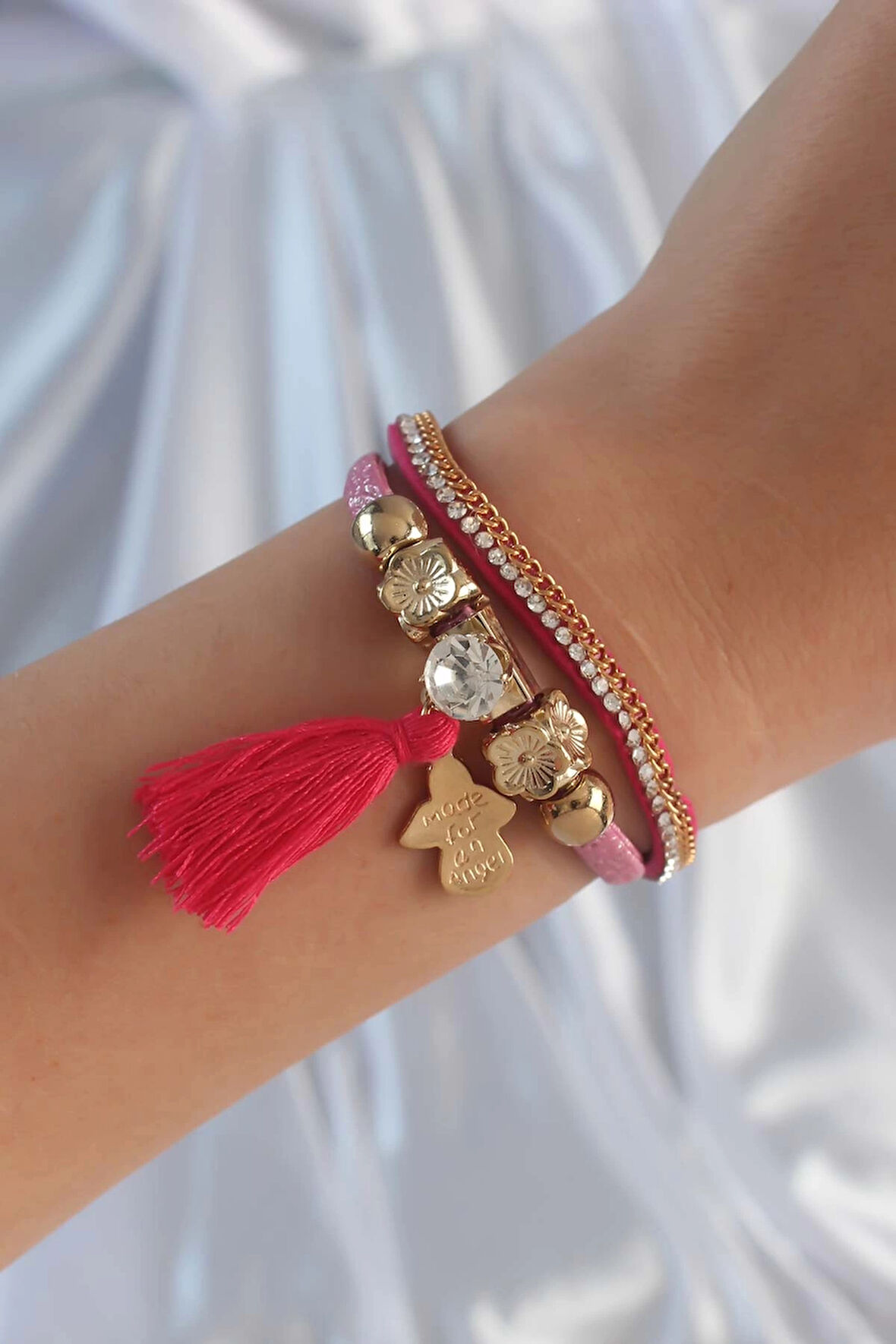 Dodes Pembe Renk Zirkon Taşlı Püskül Detay Deri Çoklu Bileklik TG27BB6343