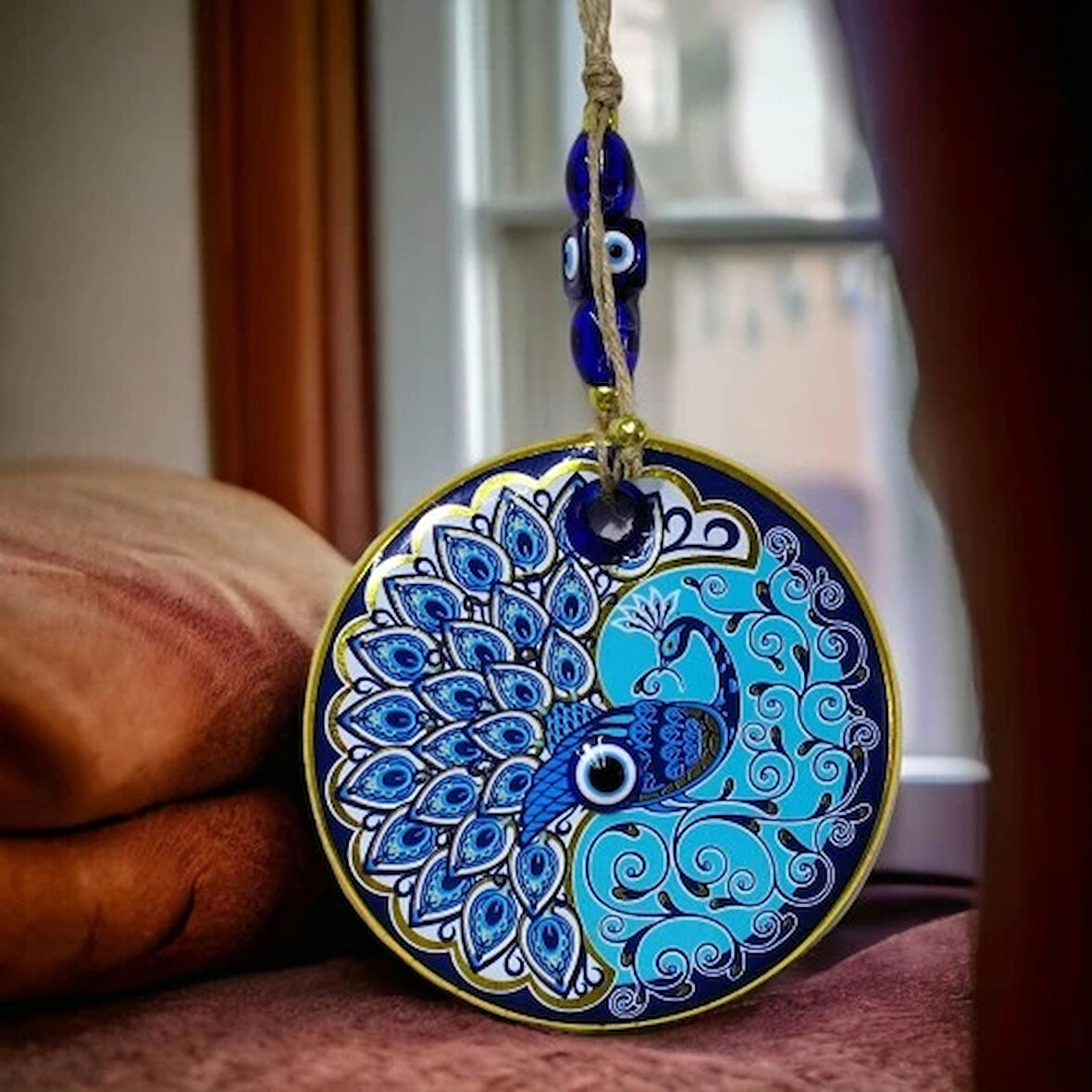 Dodes Yaldızlı Nazar Boncuklu Tavus Kuşu Duvar Süsü Cam Duvar Dekoru