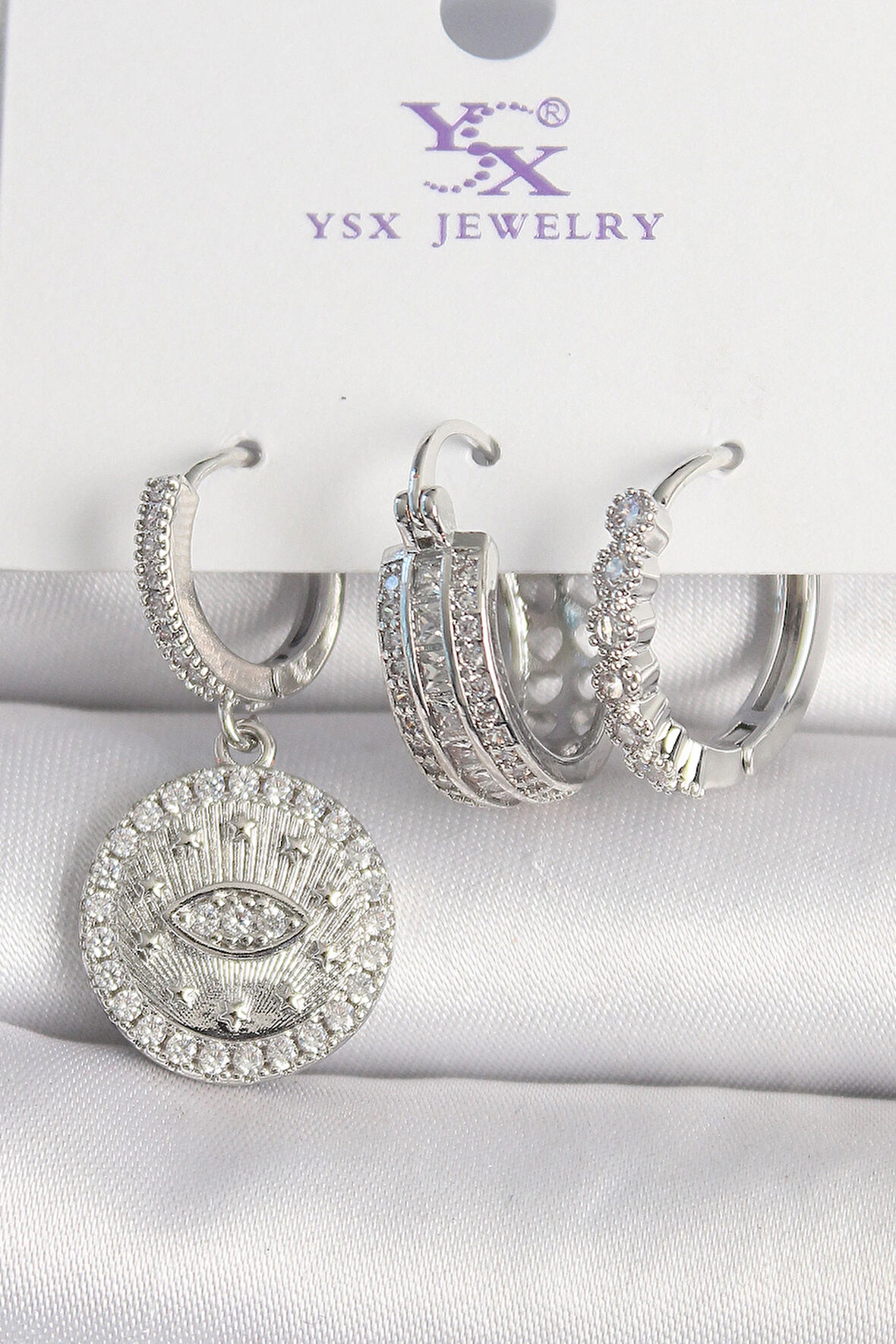 Dodes Pirinç Gümüş Renk Zirkon Taşlı Göz İşlemeli Halka Model 3'Lü Kadın Kombin Küpe TG27BKP10436