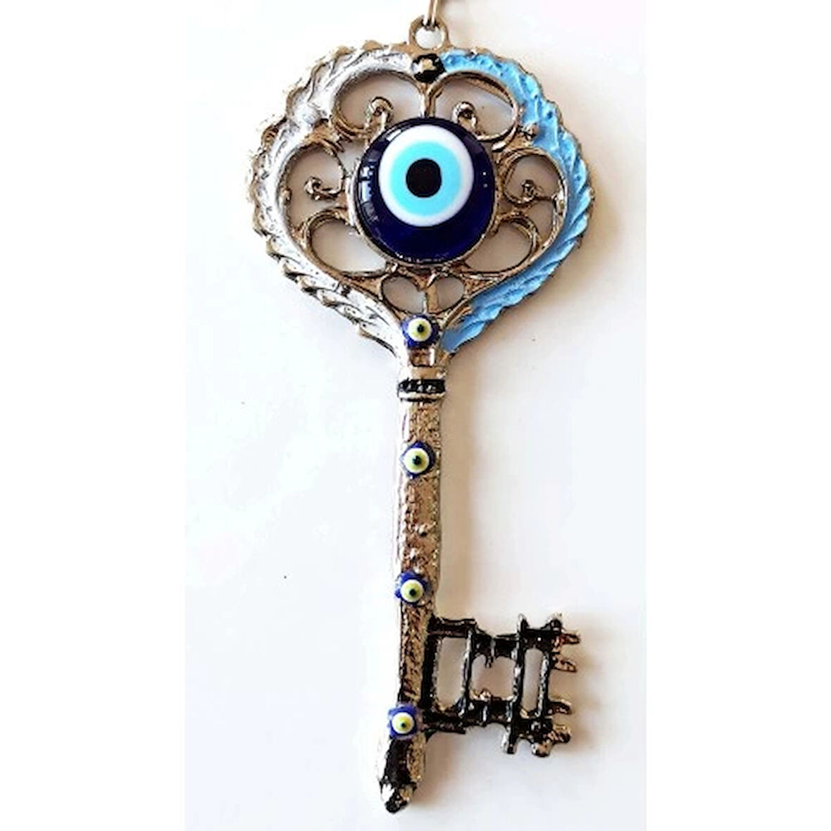Dodes Gümüş Kaplama Nazar Boncuklu Beyaz Ve Mavi Nostaljik Anahtar Şekilli Duvar Süsü