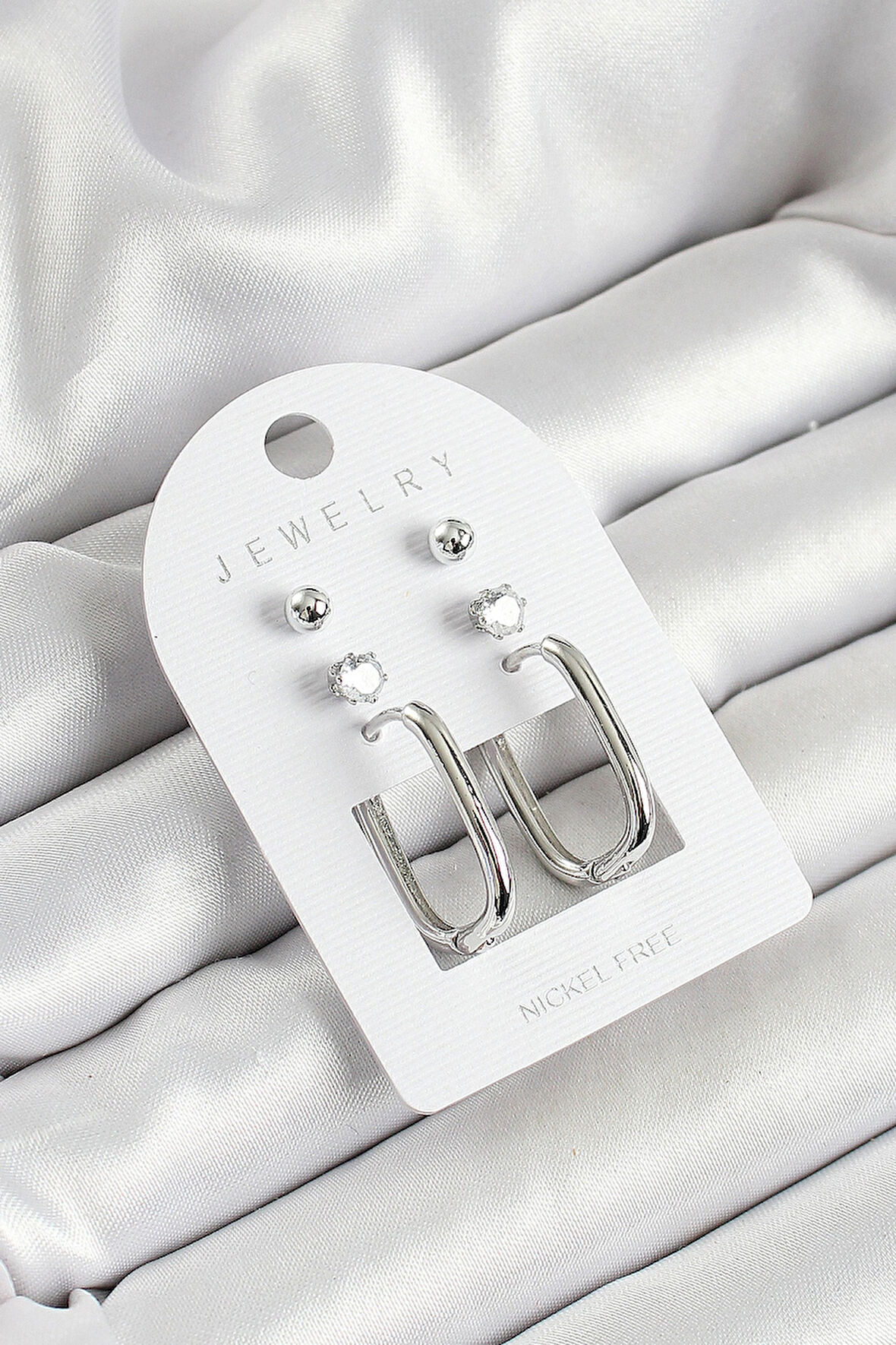 Dodes Dodes Pirinç Zirkon Taş Ve Dikdörtgen Figürlü Gümüş Renk 3'lü Çift Kadın Küpe Set TG27BKP10645