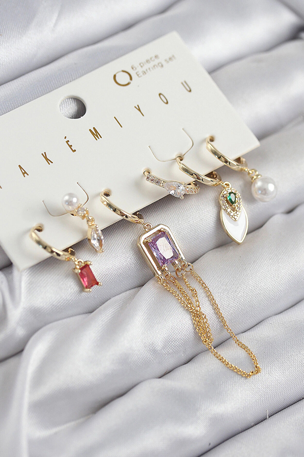 Dodes Dodes Pirinç Zirkon Taşlı Sallantılı Ve İncili Gold Renk 6'lı Küpe Set TG27BKP11204