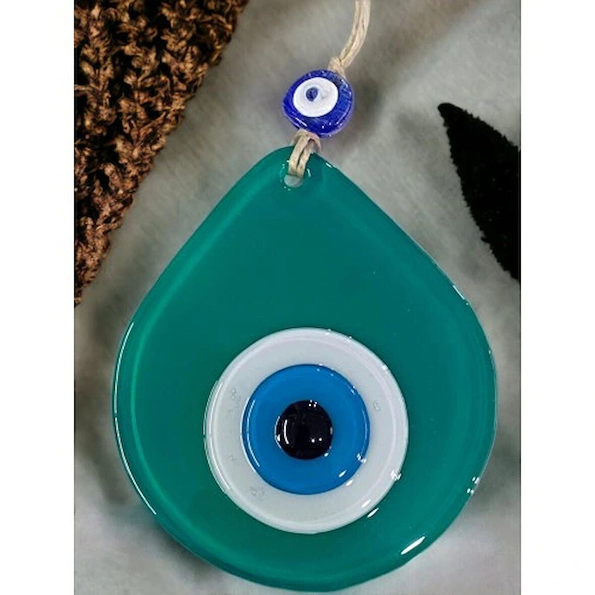 Dodes Orta Boy Yeşil Damla Desen Nazar Boncuklu Duvar Dekoru Cam Duvar Süsü