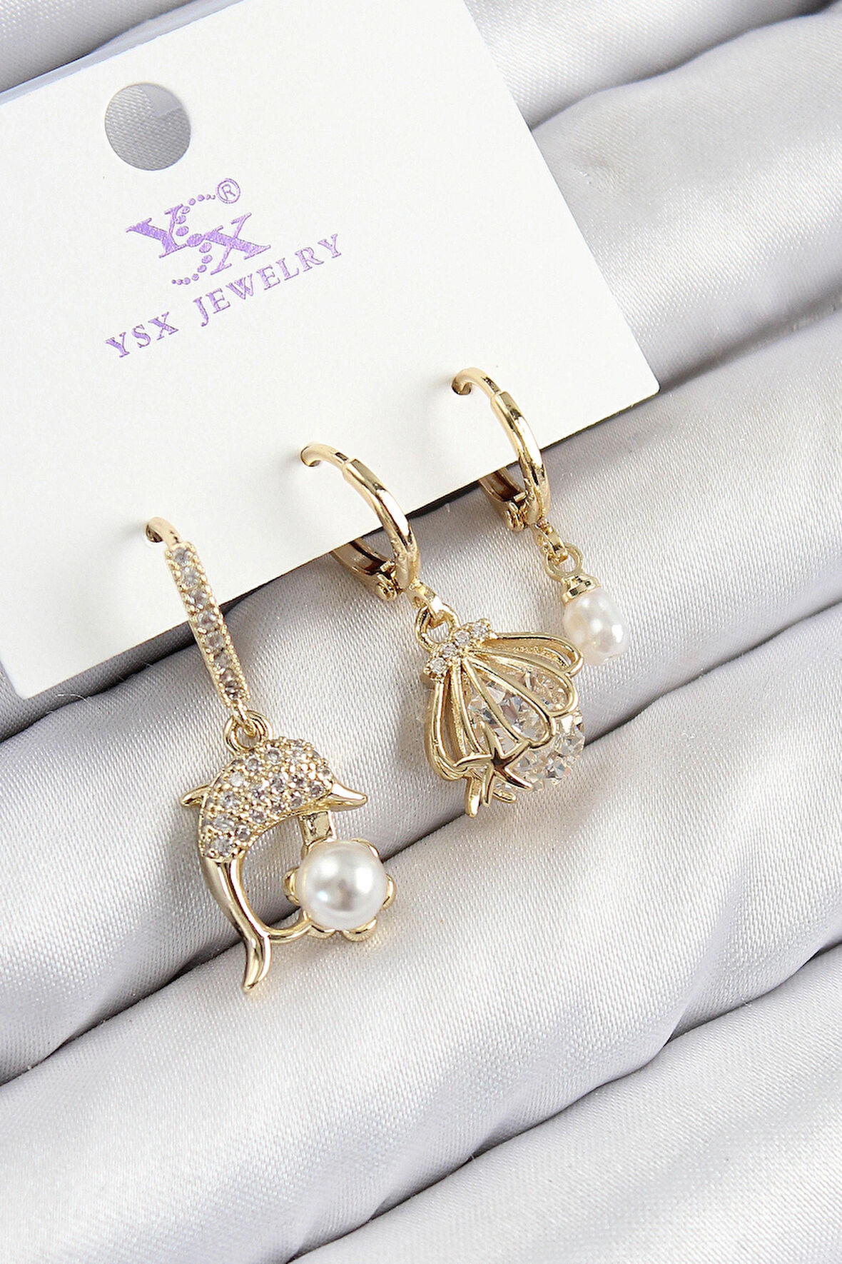 Dodes Dodes Pirinç Zirkon Taşlı 3'lü Yunus Balığı Ve İstiridye Model Gold Renk Kadın Küpe TG27BKP11139