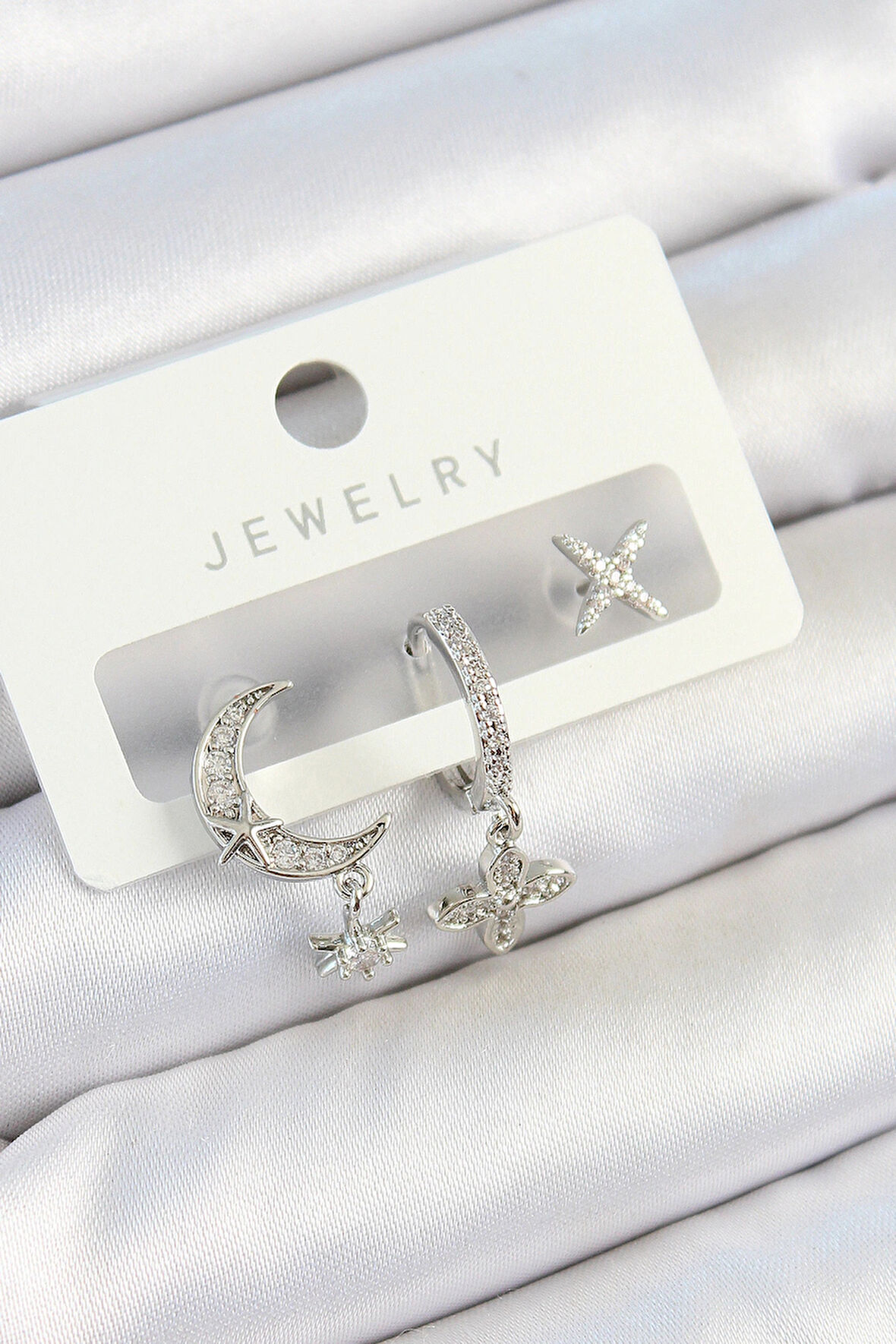 Dodes Dodes Pirinç Zirkon Taşlı Çiçek Ve Ay Model Gümüş Renk 3'lü Çift Kadın Küpe Set TG27BKP10804