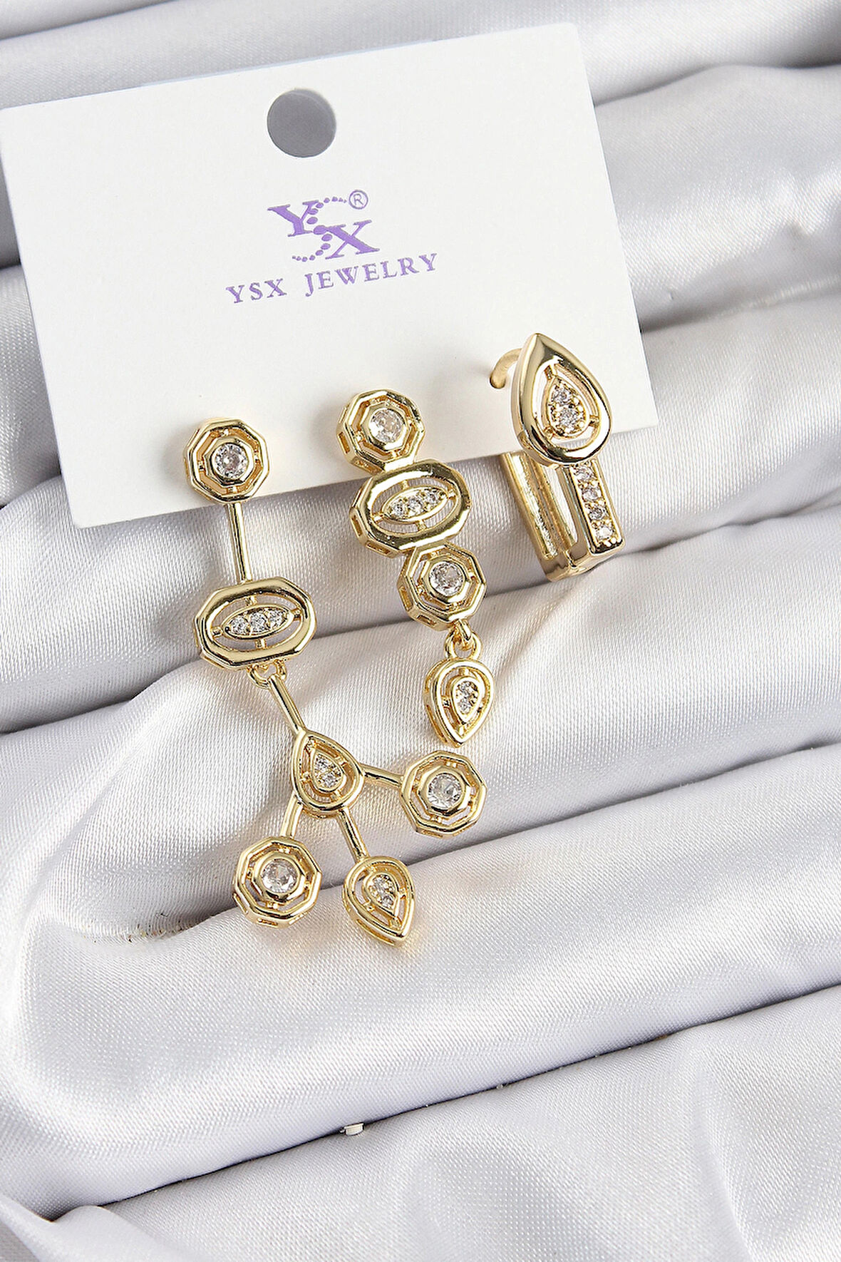 Dodes Pirinç Zİrkon Taşlı Geometrik Model Gold Renk 3'lü Kadın Küpe TG27BKP10937