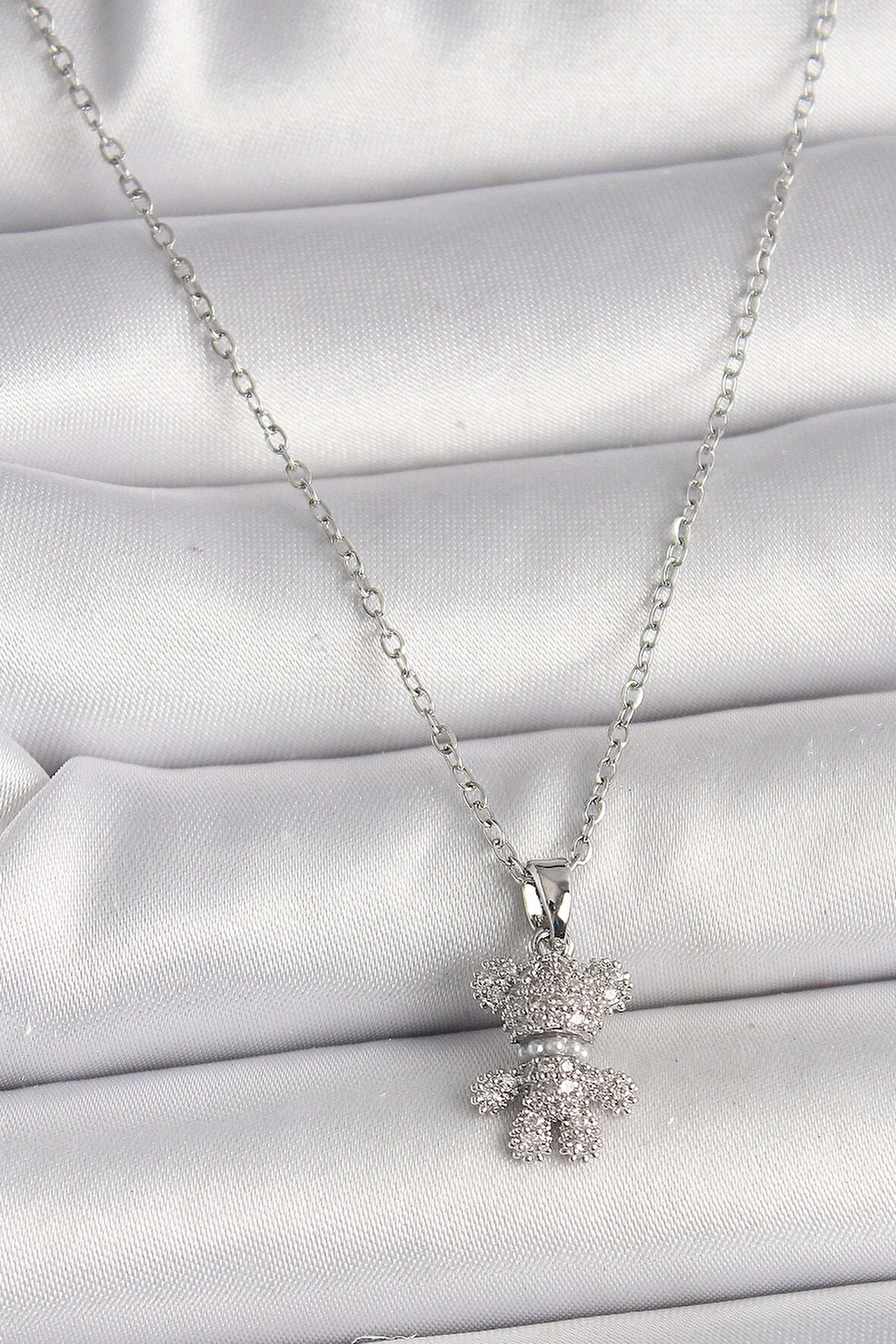 Dodes 316L Çelik Gümüş Renk Zincir Zirkon Taşlı Ayıcık Figür Kadın Kolye TG27BKO9811