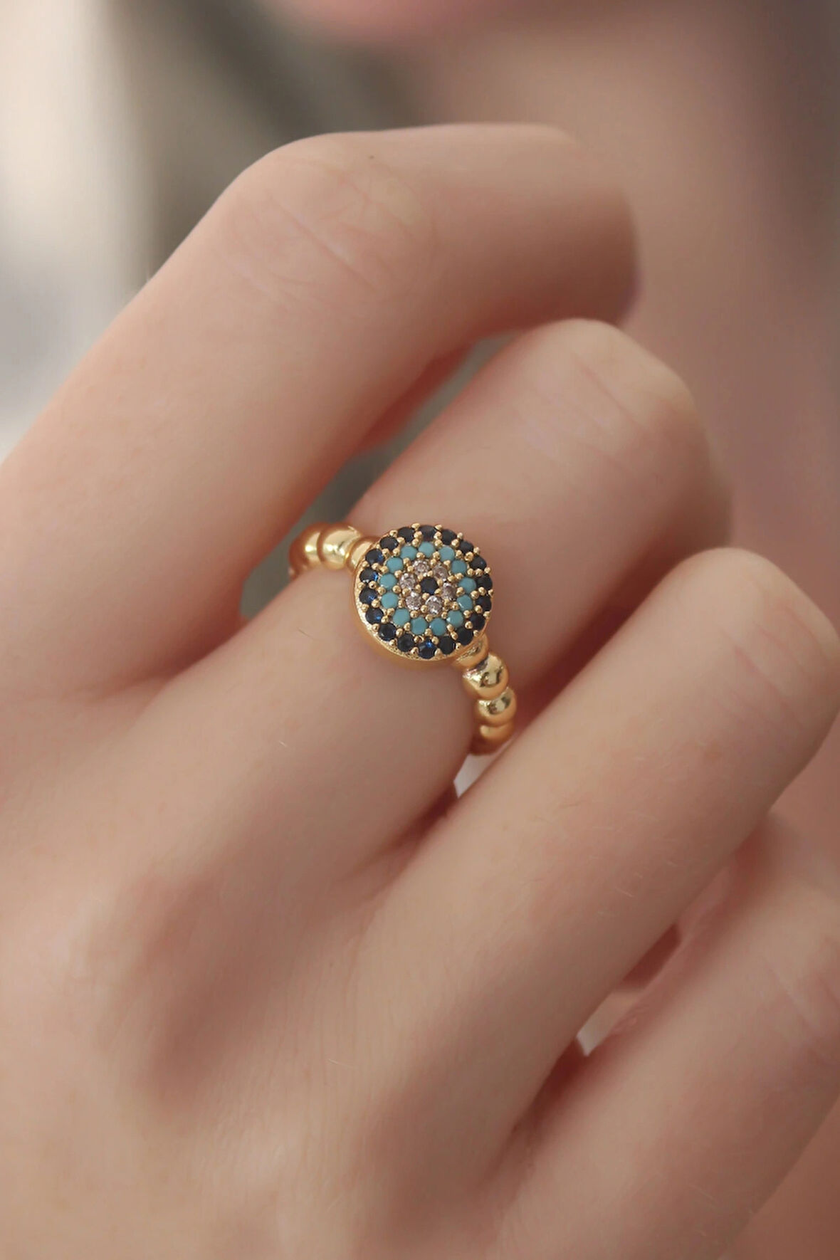 Dodes Dodes Gold Renk Nazar Boncuk Figür Zirkon Taş Detay Kadın Yüzük TG27BYK2413