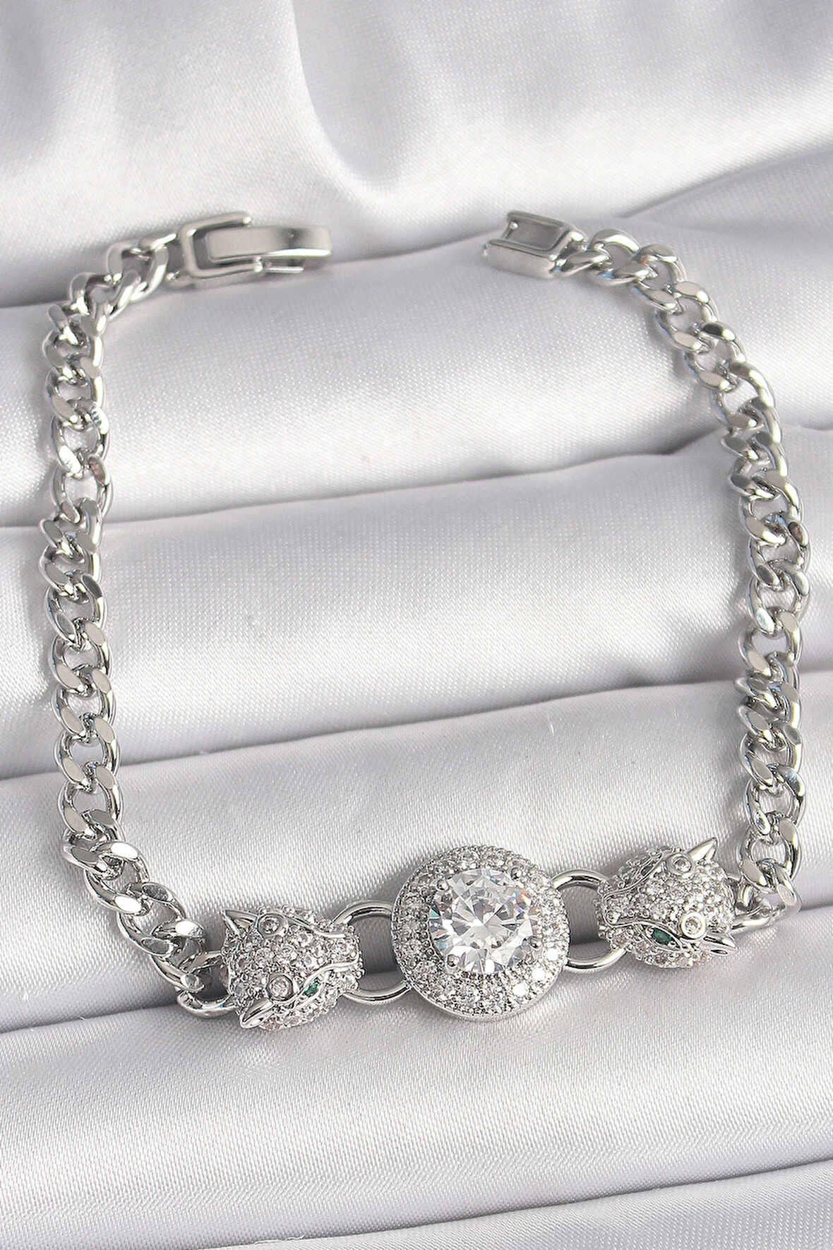 Dodes Pirinç Gümüş Renk Zirkon Taşlı Leopar Figür Zincir Model Kadın Bileklik TG27BB6829