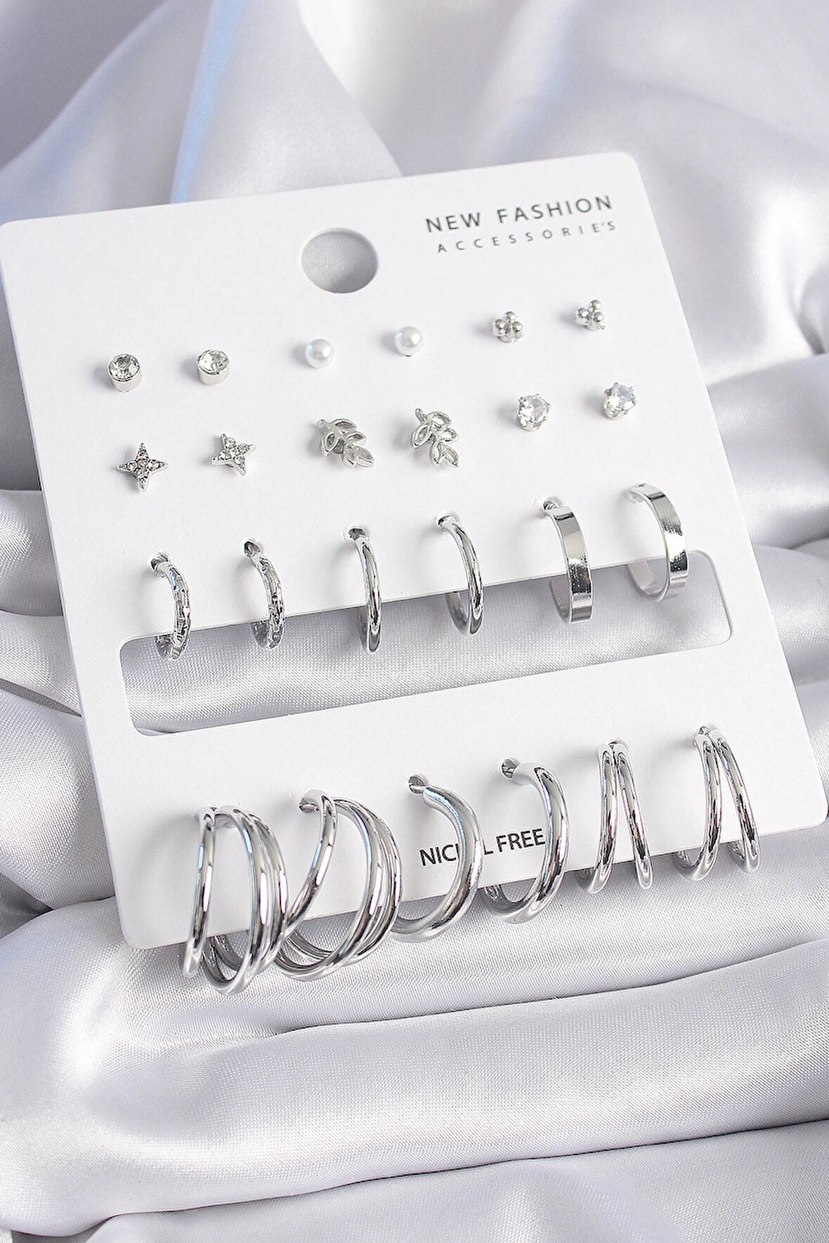 Dodes Dodes Pirinç Gümüş Renk Zirkon Taşlı 12 Çift Küpe Seti TG27BKP9681