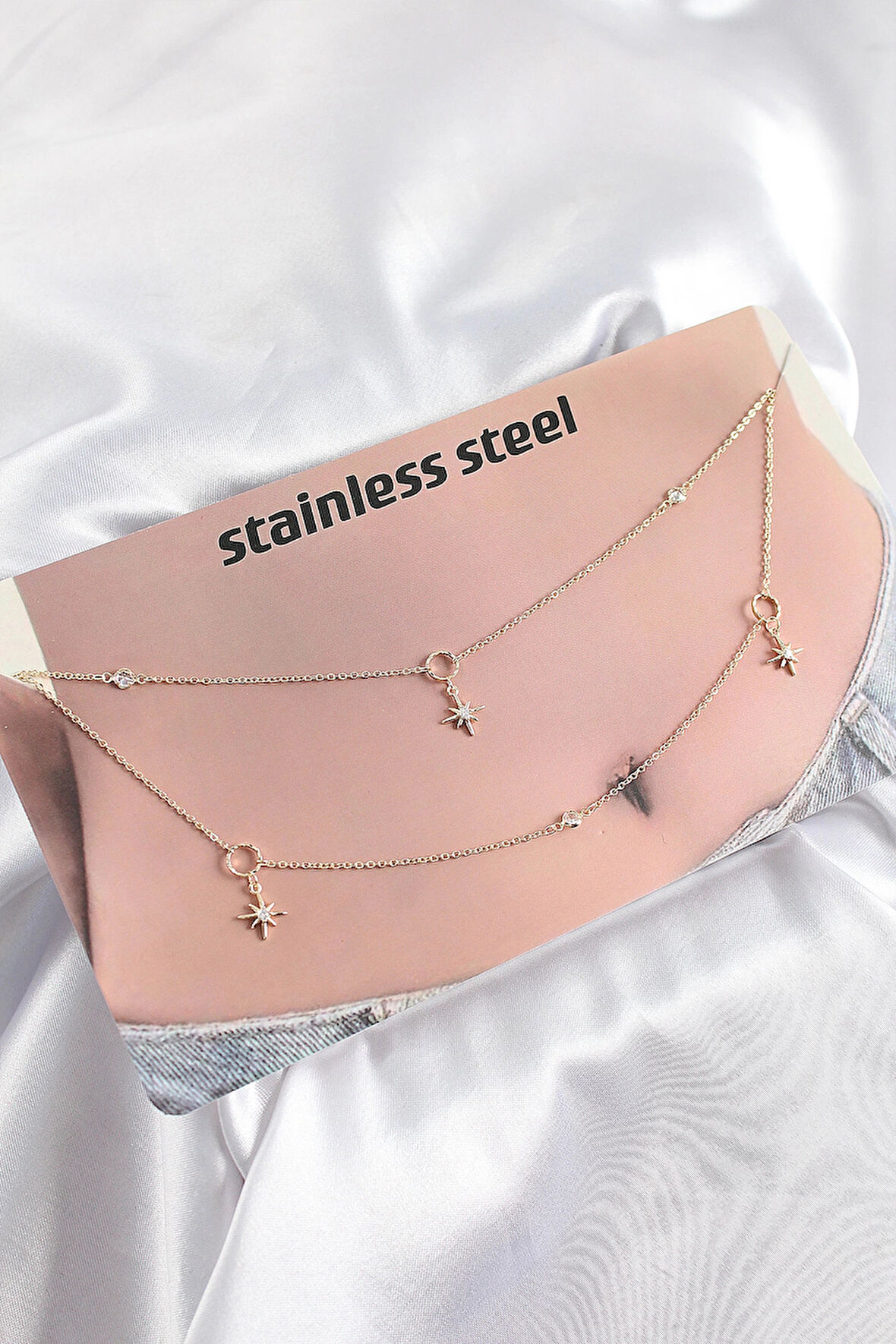 Dodes 316L Çelik Zirkon Taşlı Kutup Yıldızı Model Gold Renk Göbek Bel Zinciri TG27BKGZ10344