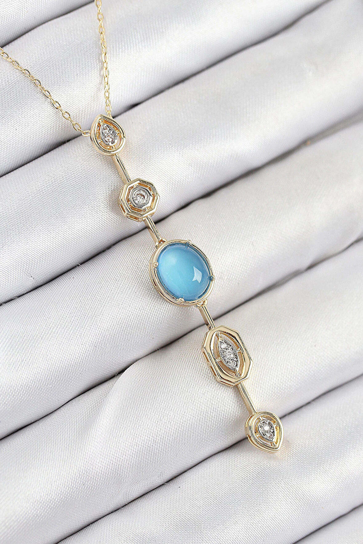 Dodes Pirinç Zincir Mavi Gold Renk Zirkon Taşlı Y Kolye TG27BKO10558