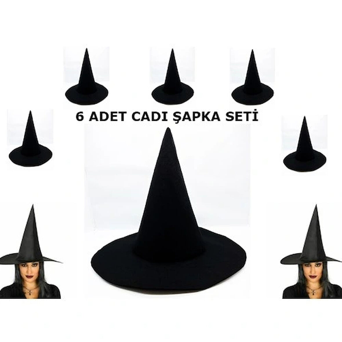 Dodes Siyah Cadı Şapkası Keçe Yetişkin Boy 6 Adet