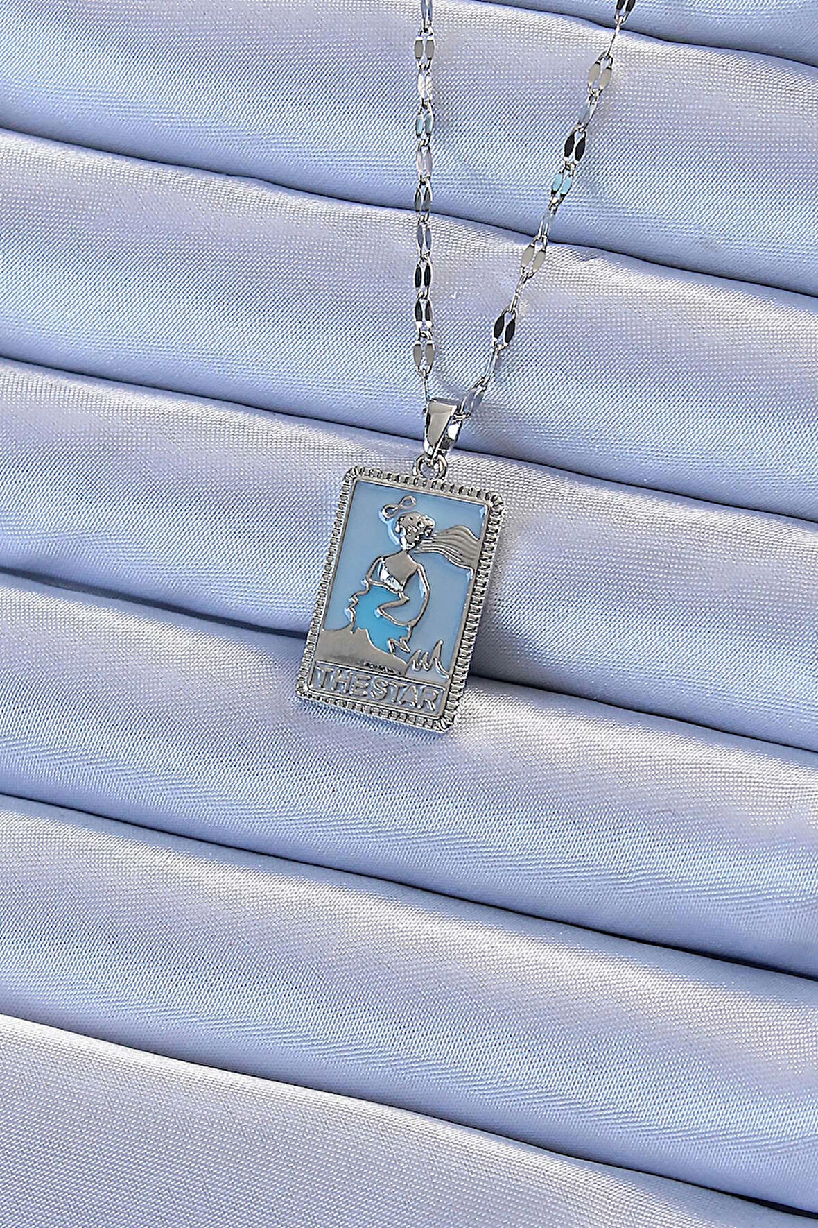 Dodes 316L Çelik Zincir Gümüş Renk Mavi Mineli Tarot Kolye TG27BKO9210