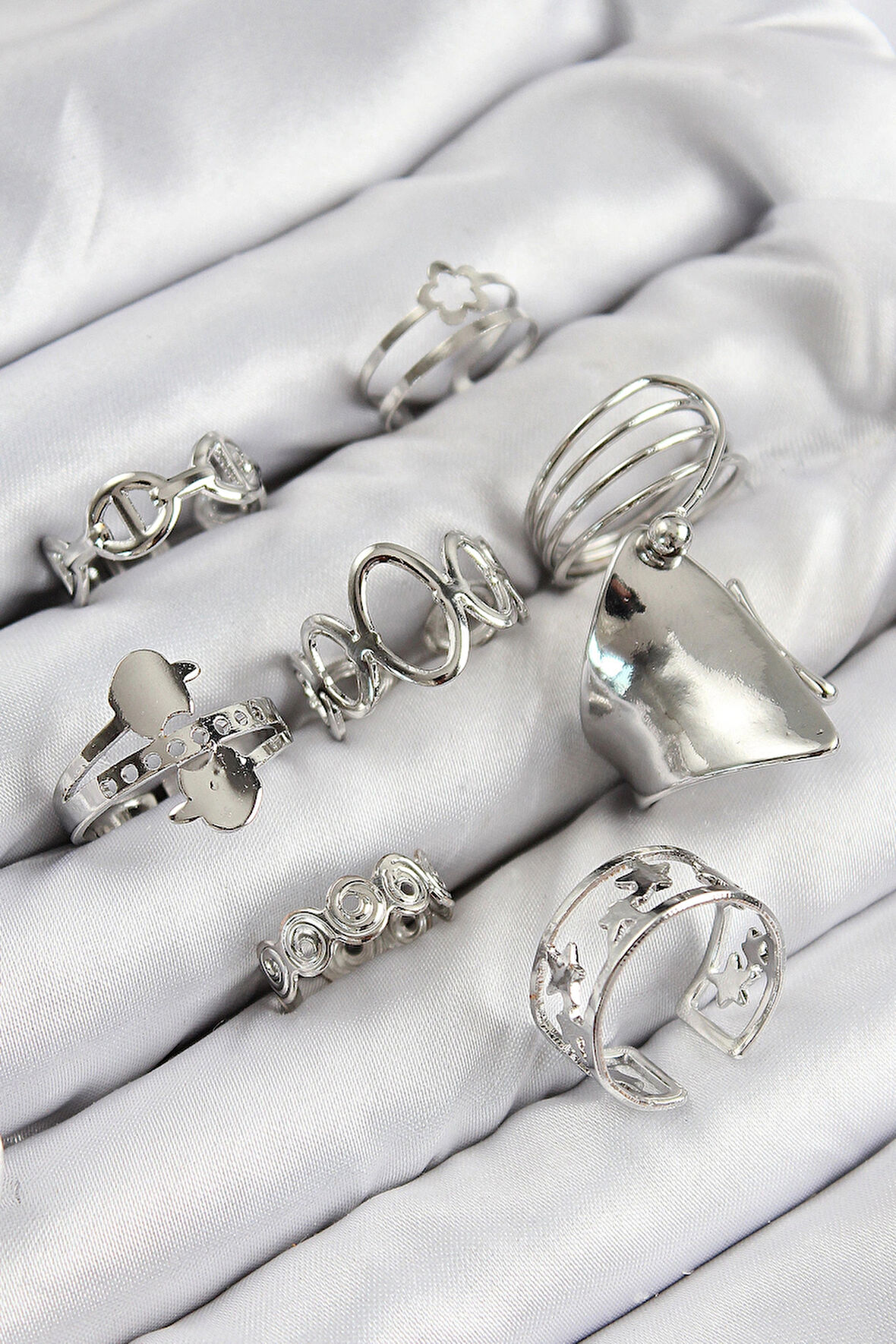 Dodes Dodes Pirinç Sarmal Ve Yıldız Model Gümüş Renk Kadın Yüzük Kombin Set TG27BYK3812