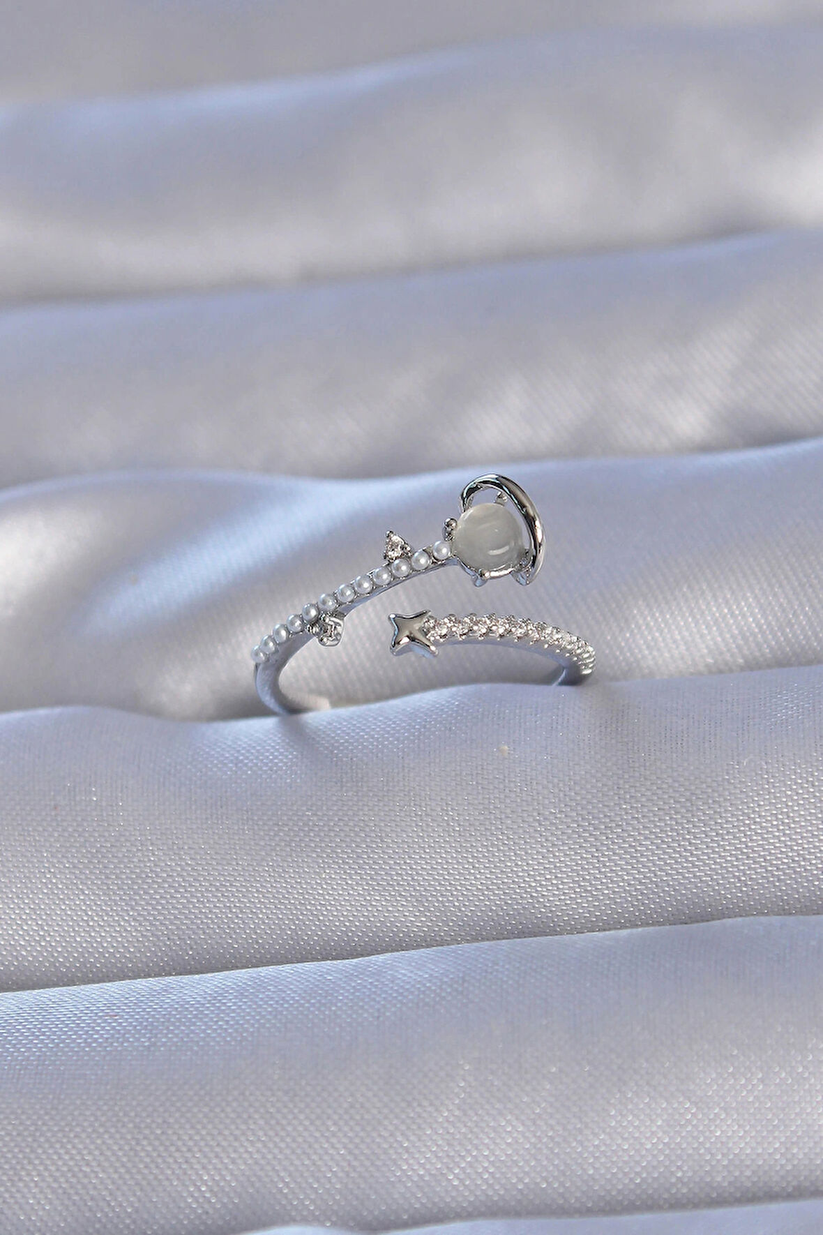 Dodes Dodes Pirinç Gümüş Renk Zirkon Taşlı İncili Satürn Model Ayarlanabilir Yüzük TG27BYK3222