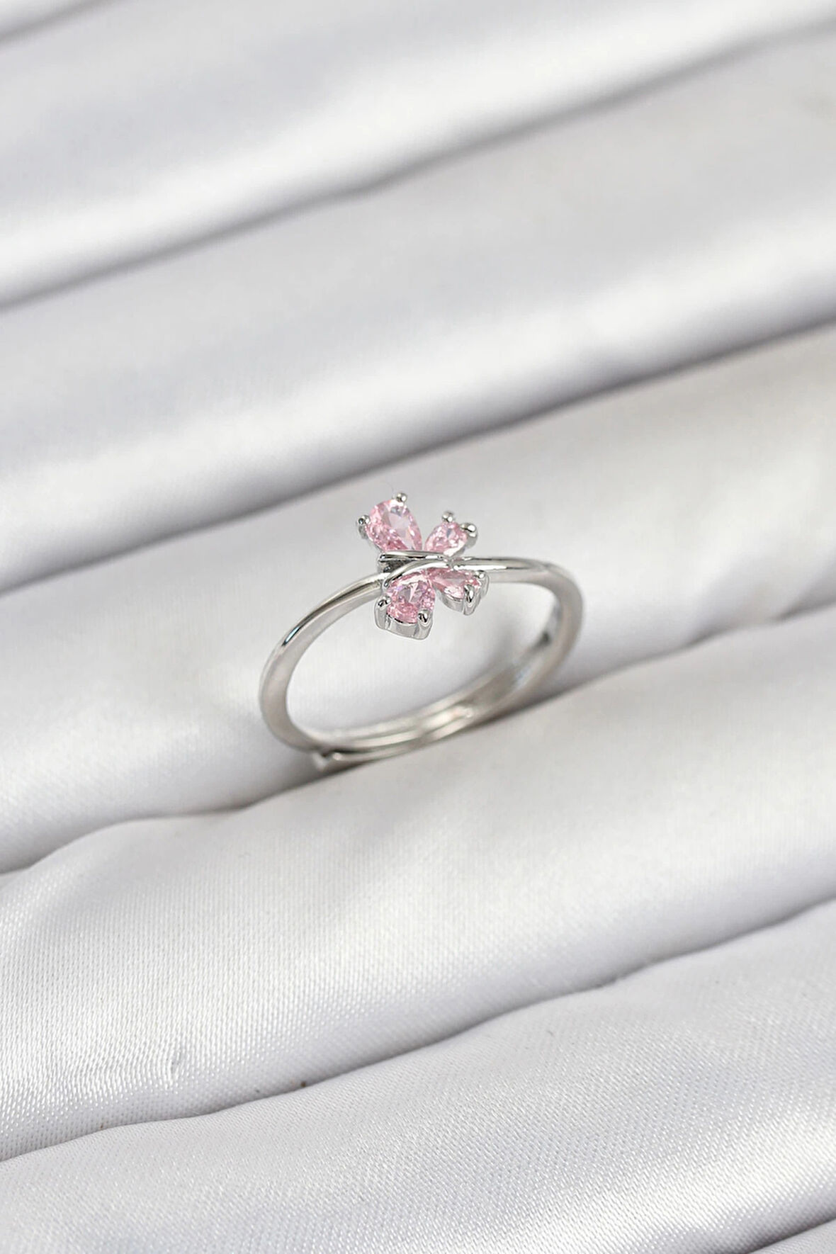 Dodes Pirinç Gümüş Renk Pembe Kelebek Kadın Yüzük TG27BYK3871