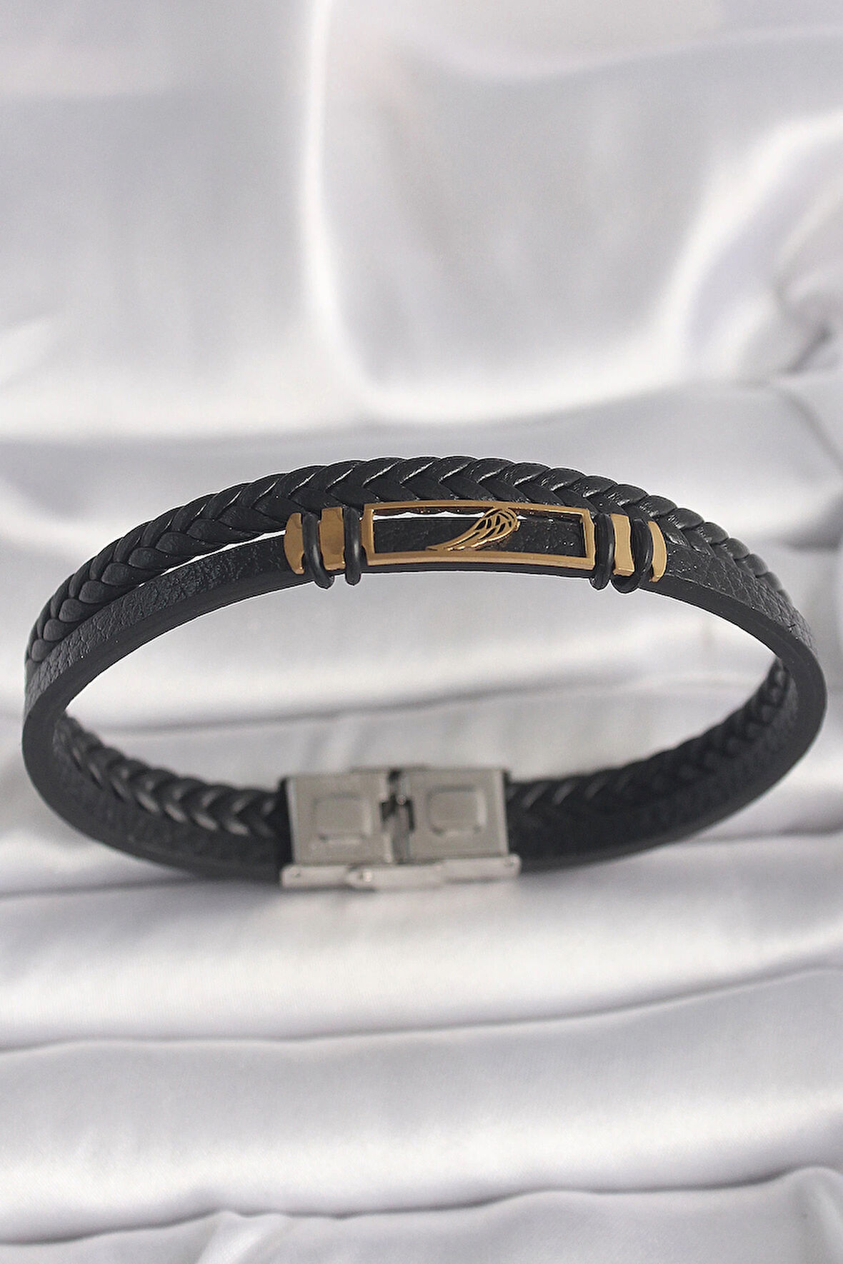 Dodes 316L Çelik Gold Renk Kanat Aksesuarlı Siyah Burgu Model Deri Kordon Erkek Bileklik TG27EB3703