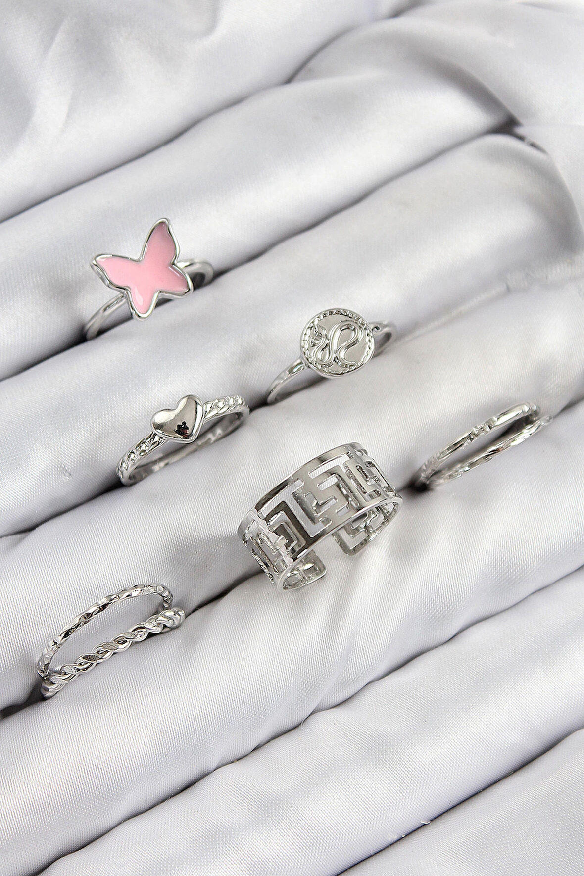 Dodes Pirinç Kelebek Ve Kalp Model Gümüş Renk Kadın Yüzük Kombin Set TG27BYK3816