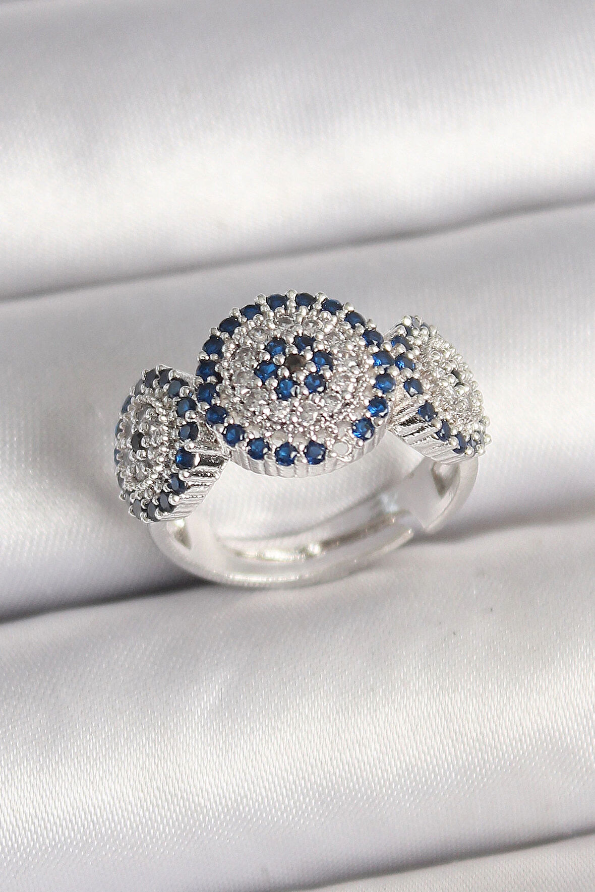 Dodes Pirinç Gümüş Renk Zirkon Taşlı Nazar Boncuk Model Ayarlanabilir Kadın Yüzük TG27BYK3699