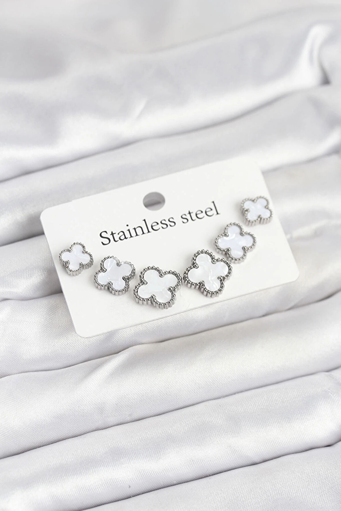 Dodes 316L Çelik Gümüş Beyaz Renk 3 Boy Yonca Küpe Seti TG27BKP11236