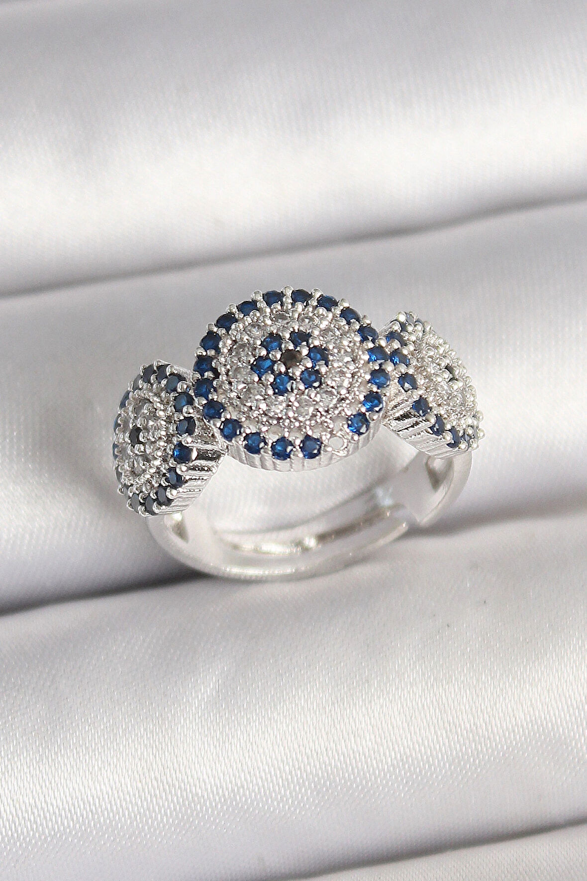 Dodes Dodes Pirinç Gümüş Renk Zirkon Taşlı Nazar Boncuk Model Ayarlanabilir Kadın Yüzük TG27BYK3699