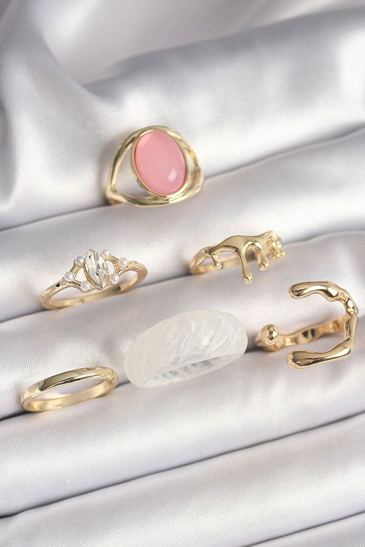 Dodes Dodes Pirinç Gold Renk Zirkon Taş Detaylı Pembe Mineli 6'Lı Kadın Yüzük Seti TG27BYK3619