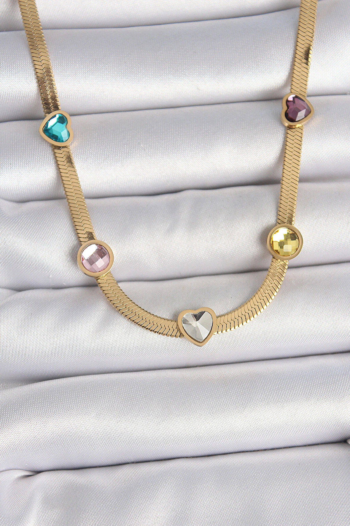 Dodes Dodes 316L Çelik Gold Renk İtalyan Zincir Renkli Zirkon Taşlı Kalp Figür Kadın Kolye TG27BKO10117