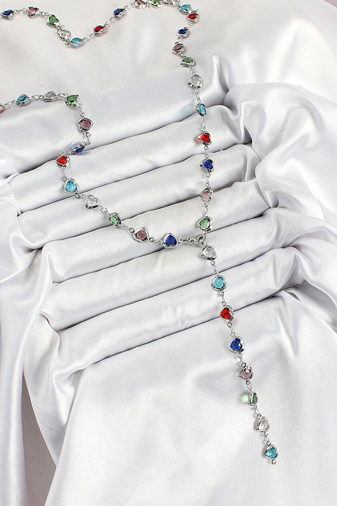 Dodes Dodes Pirinç Gümüş Renk Karışık Renk Zirkon Taşlı Kalpli Y Kadın Kolye TG27BKO10302